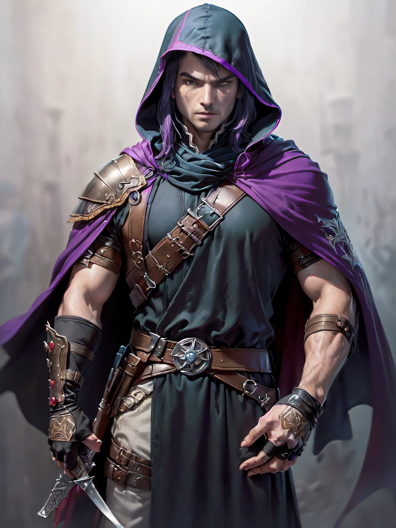 (superfine illustration, Best Quality, Ultra-detailed, Correct delineation, Perfect fingers, Perfect hands, Medieval fantasy:1.5), (mysterious assassin, Male Focus, Solo, portrait:1.5), stand with sneering, (Assassin costumes, Assassin Cloak, Fingerless gloves:1.5), Midnight guild as background, Extremely short hair, Purple hair,