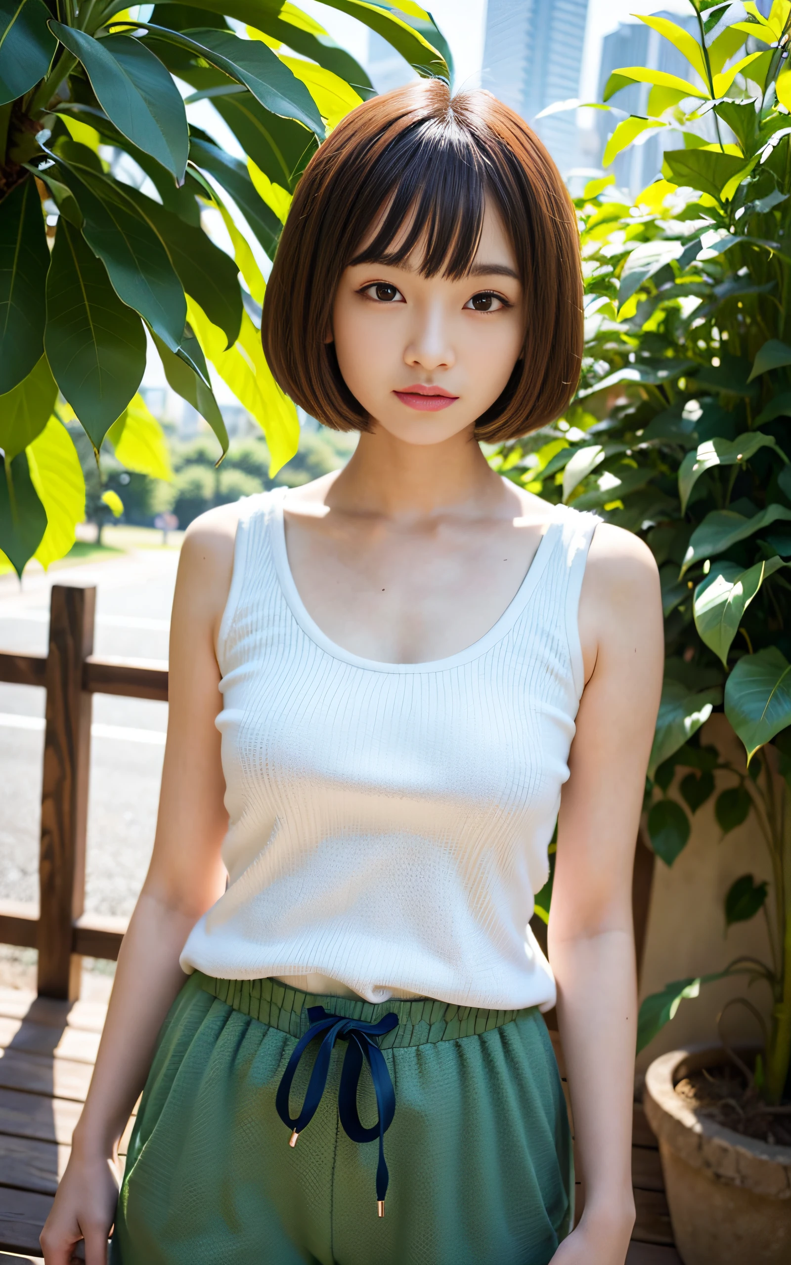 Picture taken from the front, with the left and right sides equally spaced, draw symmetrically, simple background, stand upright, upper body, (arms behind back:1.5), One girl, very short hair, (camisole, sports panties)