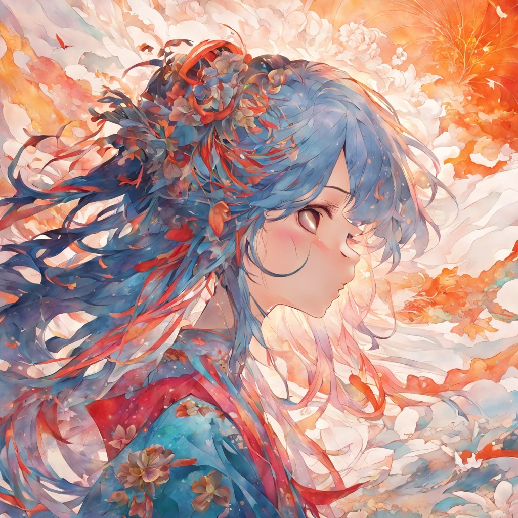 (White background:1.4),(Silhouette of a girl's head, Eyes closed, colorfull long hair, Oriental elements)，(Chinese illustration:1.3，paper art:1.3, Quilted paper art:1.2),( reasonable design, Clear lines, High sharpness,Best quality, Very detailed, Masterpiece, movie light effect, 4K )