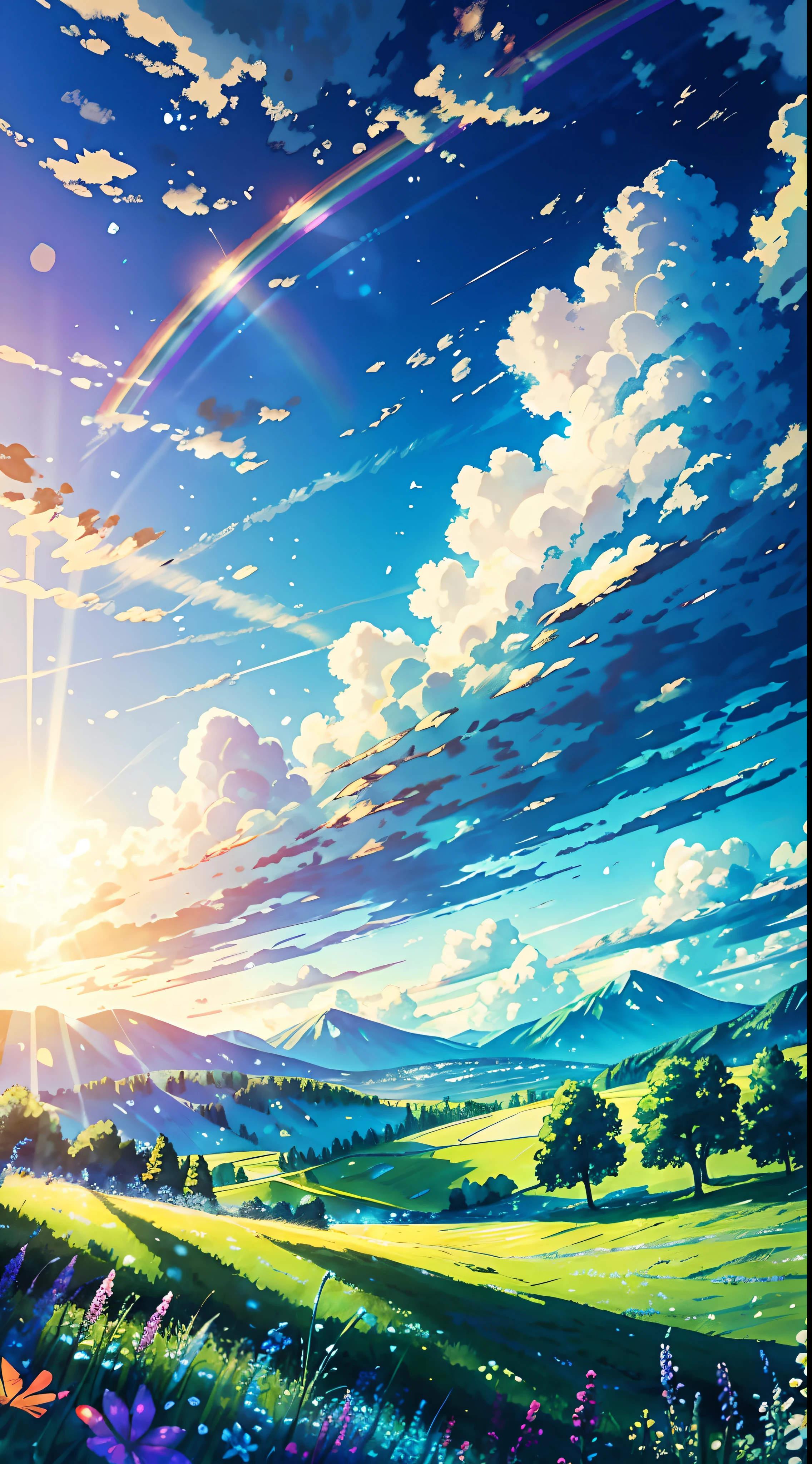 (from below, the sky above, open fields below), blue sky, white clouds, sun, sunlight, fields, mountains, trees, butterfly, meadows, flowers, wind, sunshine, (dynamic composition: 1.4), rich detail, rich in color, (rainbow colors: 1.2), (luminous, atmospheric lighting), dreamy, magical,
