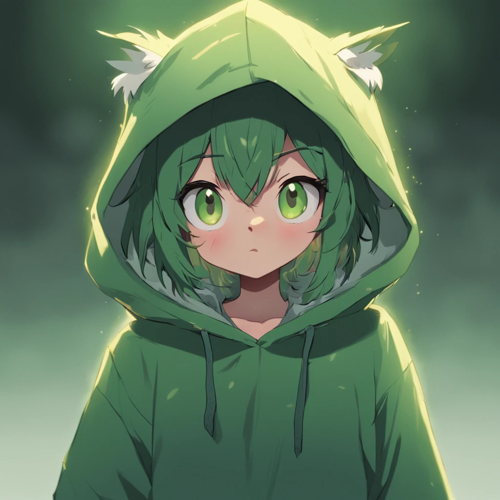 "character, A owl girl female character with bob cut dark green hair, She is depicted in a frontal view, showing her full body, wearing a hoody with the hood up, No background."