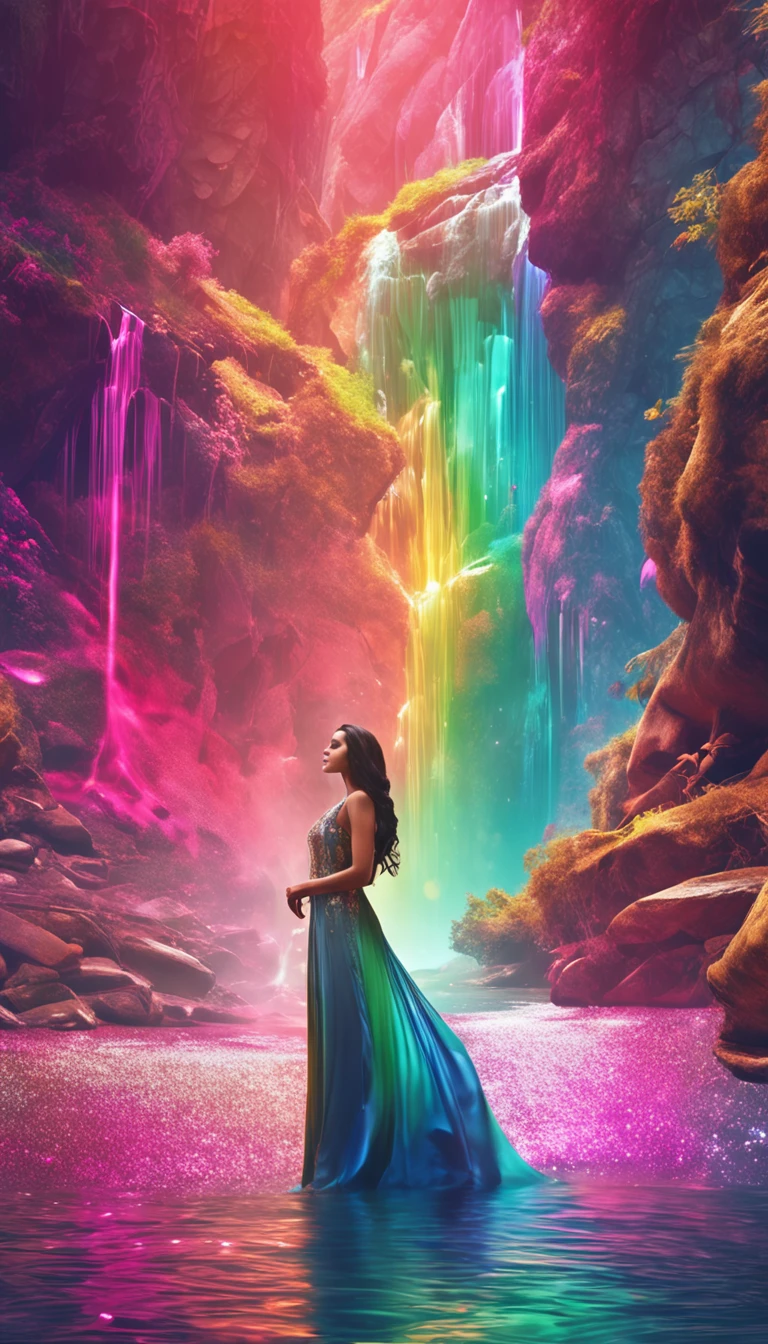 Among the cascading waterfalls, The stunning girl shone, Like a gem, Her beauty rivals sparkling drops. Her unique blend of modern and beautiful styles reflected her vibrant personality and brought joy to everyone, who witnessed its charm, High gloss and radiance, Neon multicolor graphics