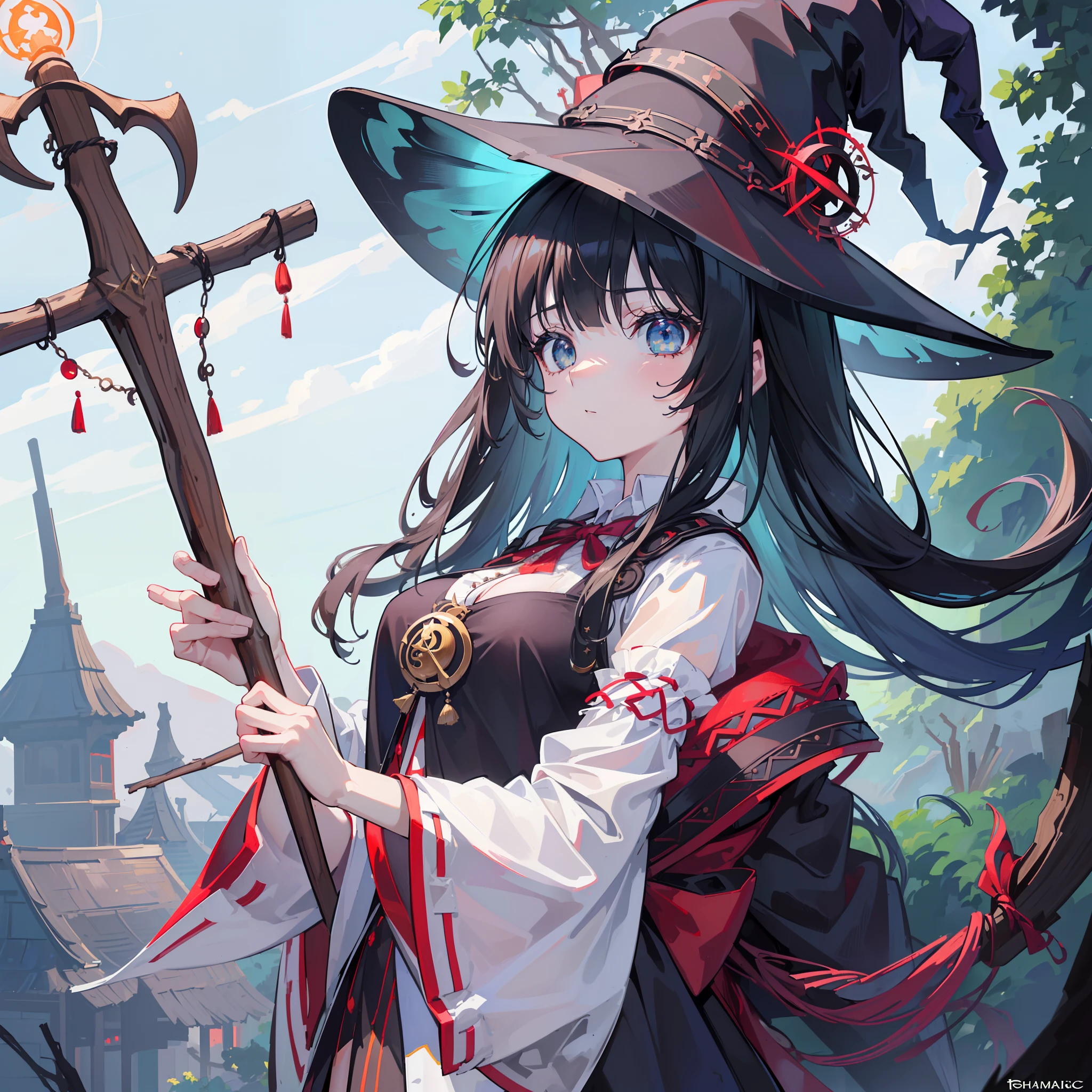 (8K, Best quality, tmasterpiece:1.2),\(eye detailed\),\(Facial features\),(\(Clothes detail details\)\),wide wide shot,Close-up of squint,full bodyesbian,(Facial focus) ,Very detailed CG unity 8K wallpaper,hugefilesize,ultra - detailed,A high resolution,absurderes,beautidful eyes,Ray traching,dramatic shadow,finely detailled,Dramatic angles,Hyper-detailing,(1girl:1.3),(Solo),Mature female,Mori Sei,Large breasts,Perfect slim body,(Shamanic sacrifices:1.4),(The wooden staff of the result:1.3),A wise man of extraordinary status,(Witch hat:1.3),{This is a legendary hero}