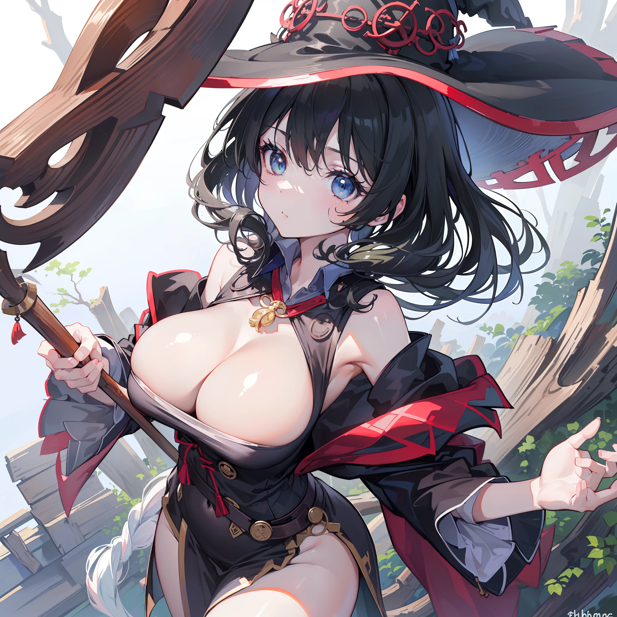 (8K, Best quality, tmasterpiece:1.2),\(eye detailed\),\(Facial features\),(\(Clothes detail details\)\),wide wide shot,Close-up of squint,full bodyesbian,(Facial focus) ,Very detailed CG unity 8K wallpaper,hugefilesize,ultra - detailed,A high resolution,absurderes,beautidful eyes,Ray traching,dramatic shadow,finely detailled,Dramatic angles,Hyper-detailing,(1girl:1.3),(Solo),Mature female,Mori Sei,Large breasts,Perfect slim body,(Shamanic sacrifices:1.4),(The wooden staff of the result:1.3),A wise man of extraordinary status,(Witch hat:1.3),{This is a legendary hero}