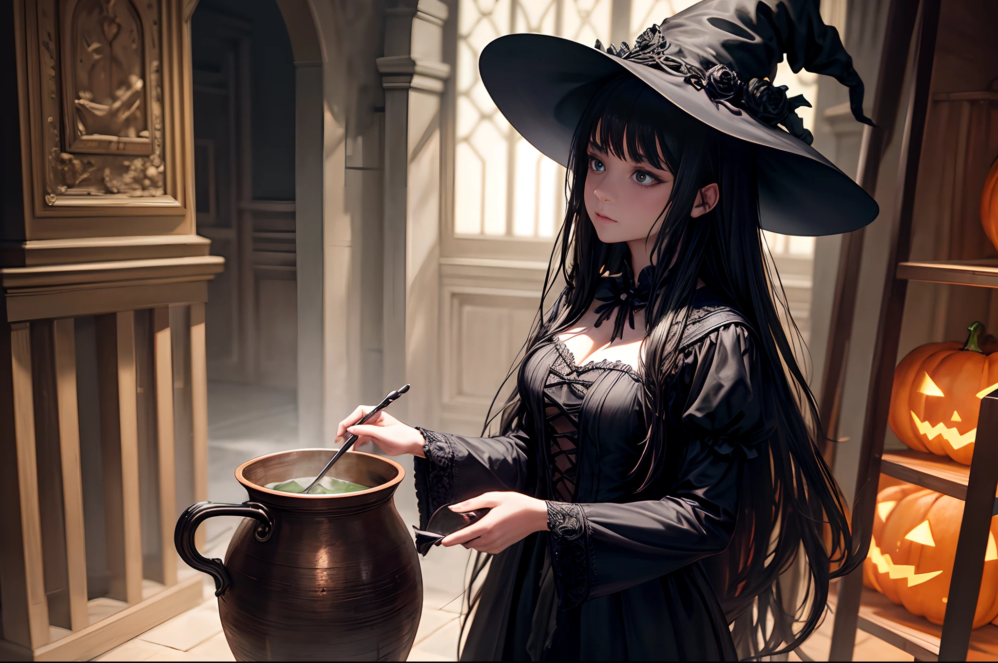 "RAW Photo, Finest, Masterpiece, Finest Quality, High Quality, Extremely Detailed, Witch in a Black Dress and Hat Standing in Front of a Cauldron of Potions, Mystery Atmosphere, Halloween Art Style, Hyper Realistic, Intricate Details, Award Winning Photography ,"