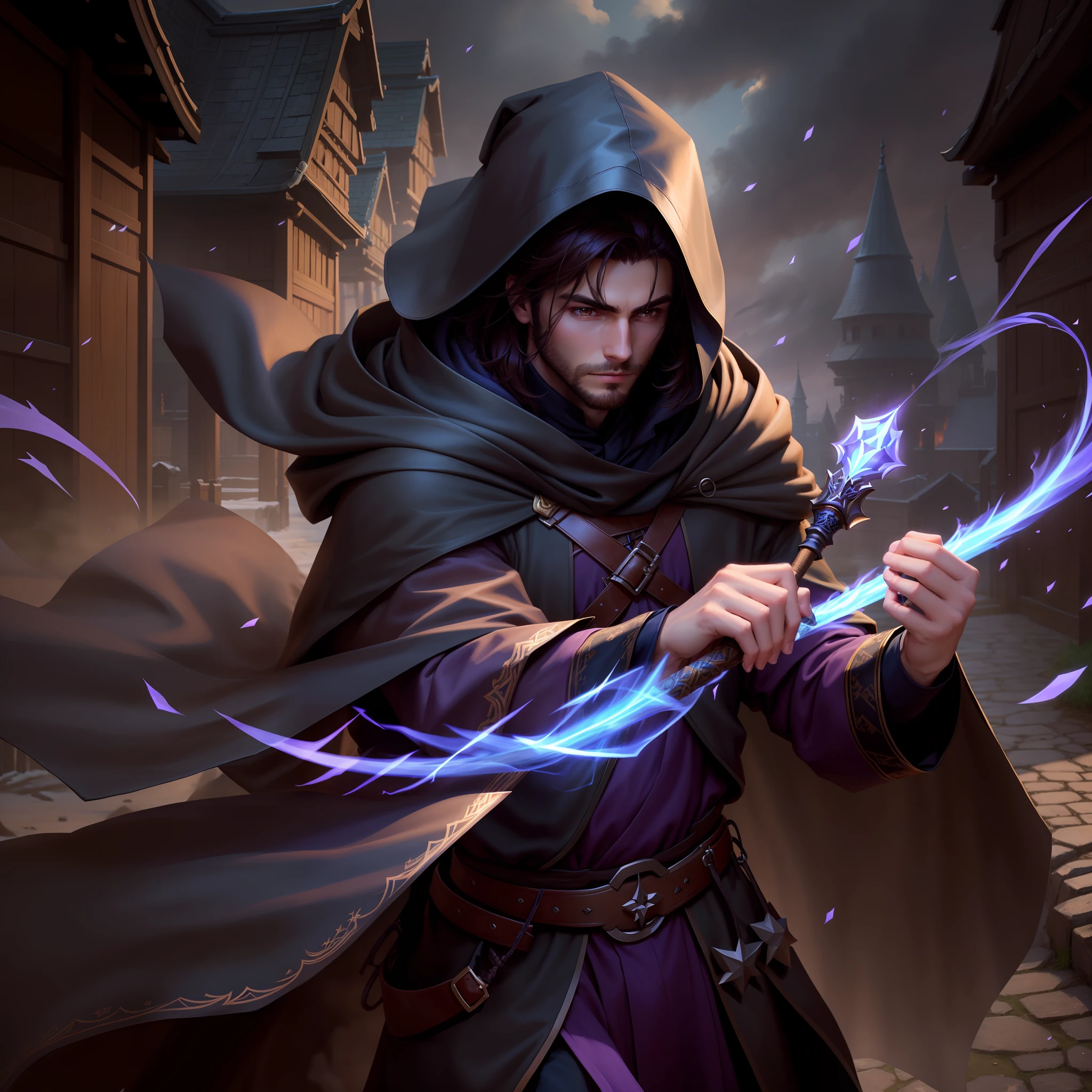 male people、No beard、Medium and short hair,Big hood、wearing hat,Can't see the face clearly,The Dark Mage,darkly,wind coat,cloaks、magical staff、brunette color hair,年轻,mistic,Dark background