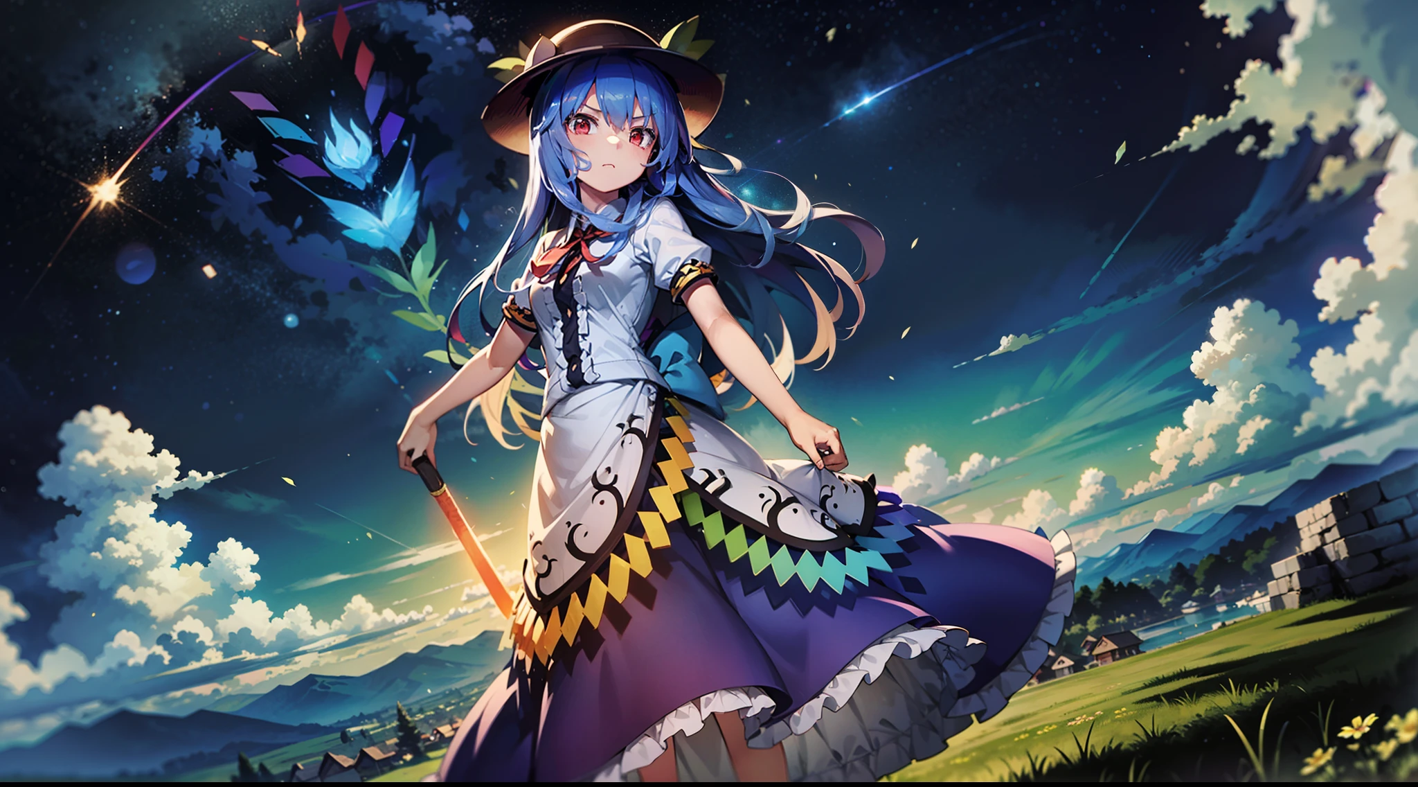 Japanese anime wallpaper 8K，wide angles，Golden ratio composition，HighestQuali，ancientry，（（touhou project）），（（（1girl））），Hinanawi Tenshi，slender figures，skin is soft and smooth，celestial realm，daytime，Clouds，Stand on the rock，Armed with the Sword of Imagination，luz eenvolvente，Soft lighting，Clear facial features，The  is structurally correct，The hands are clear and correct，The costumes of the characters are clear and correct，The details are complete and clear