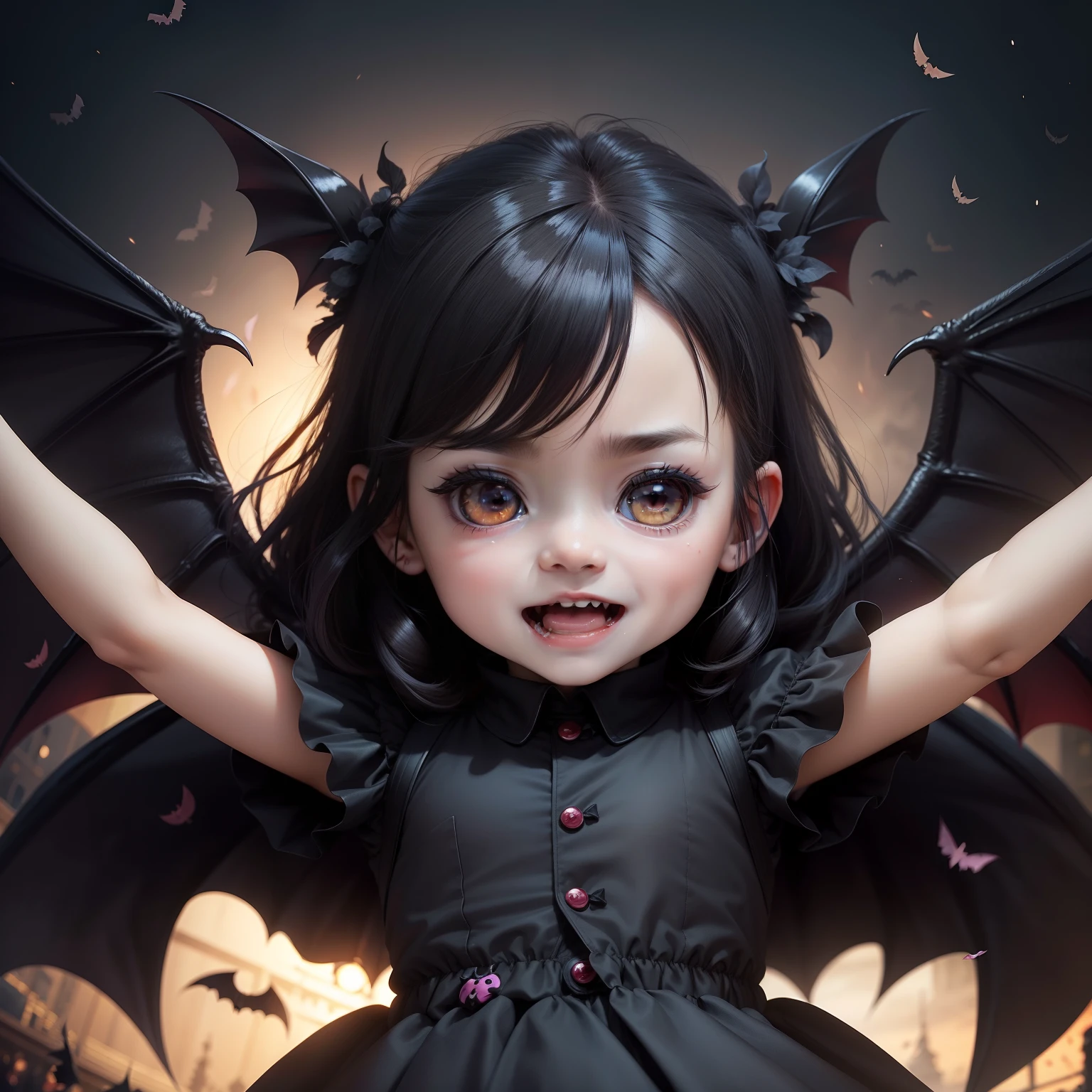 Cute Baby Chibi Anime,Vampires,Black crow feather dress,Bats flutter, Laugh invincibly,irate,Victoria Harbour