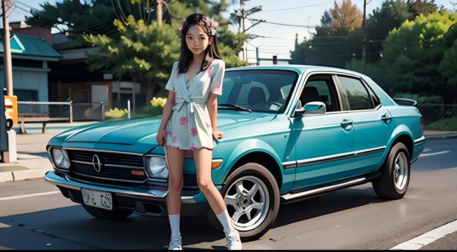 Octane Render、(Hyper-detailing: 1.15)、(Soft light、sharp: 1.2)、bustup、morning、 posing in front of car in parking lot near beach, Full body,( hair adornments、耳Nipple Ring、Floral hair ornament、butterfly hair ornament)、 Fuji Film, F/4.0, masutepiece, Anatomically correct、A smile, radiant light