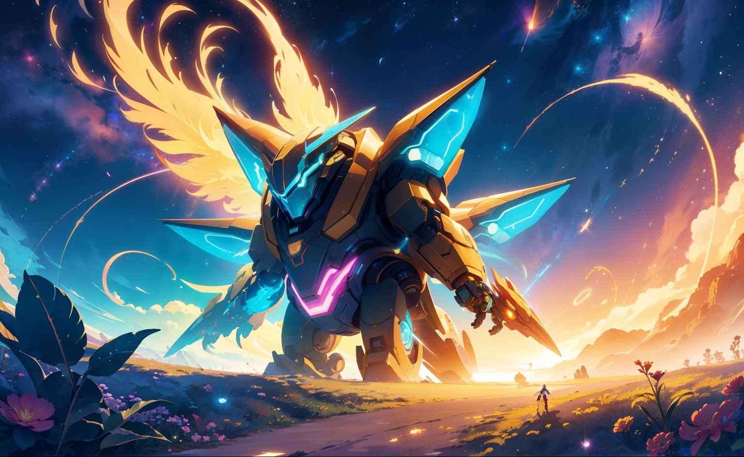 Surround a giant biollante-esque glow and a cute space mascot
Fantasy-style robot with colorful phoenix-shaped metal - giant space robot inspired by Biollante stretches towards the stars, Tendrils twisted、Rotate in all directions, Cosmic petals shining with twinkling light