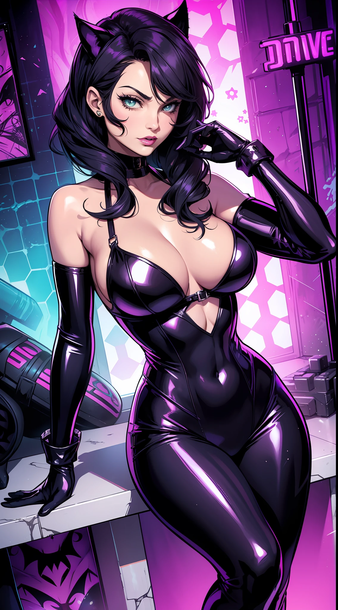 Catwoman from DC Comics, Masterpiece,cleavage，Best quality, abstracted, Psychedelic, neonlight, (honeycomb pattern), (Creative:1.3), Sy3, SMM, Fantasy00d