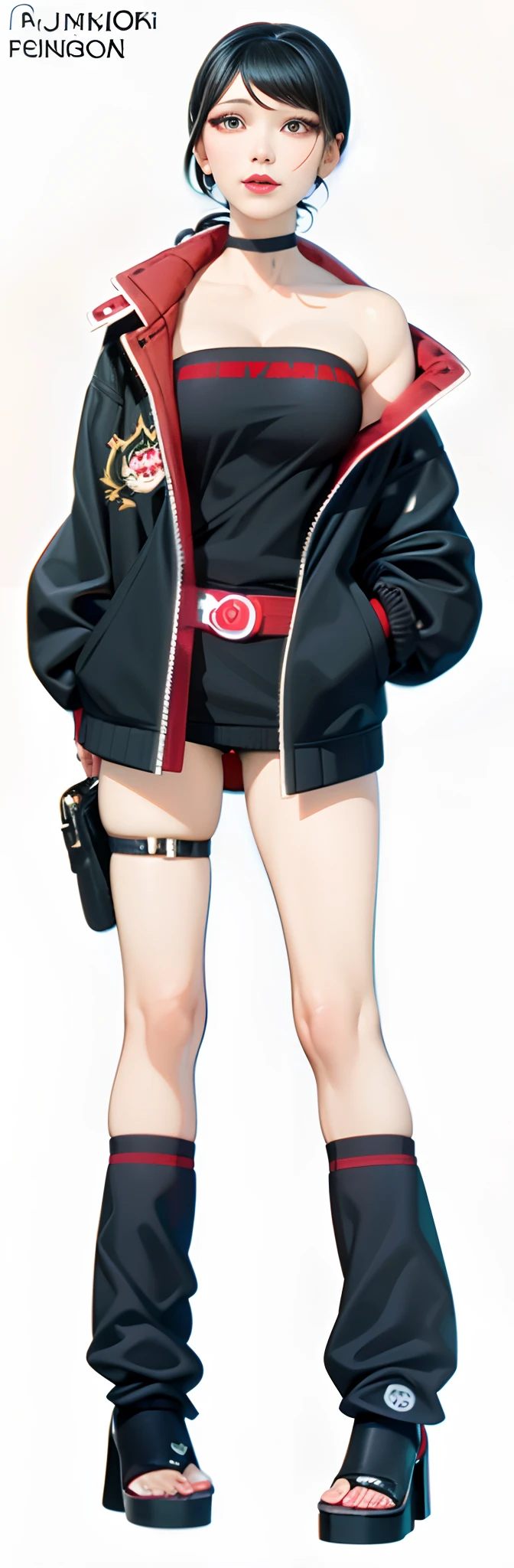 woman short and black hair in black and red jacket, junko enoshima from danganronpa, full body illustration, anya from spy x family, junko enoshima, akane owari danganronpa, full body, realistic, ultra detils, 70mm