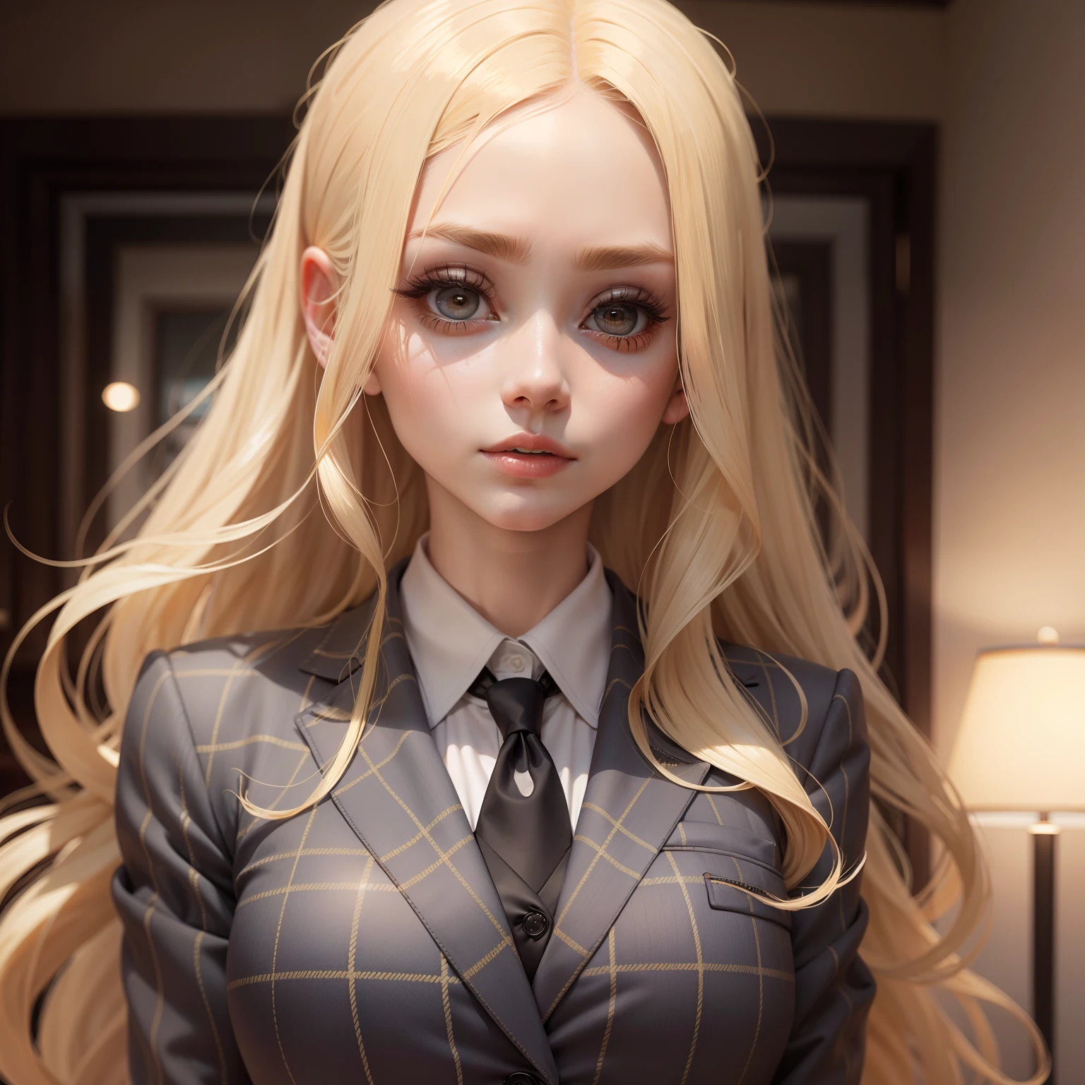 Outstanding woman with blonde hair and big eyes with long eyelashes wears a plaid suit