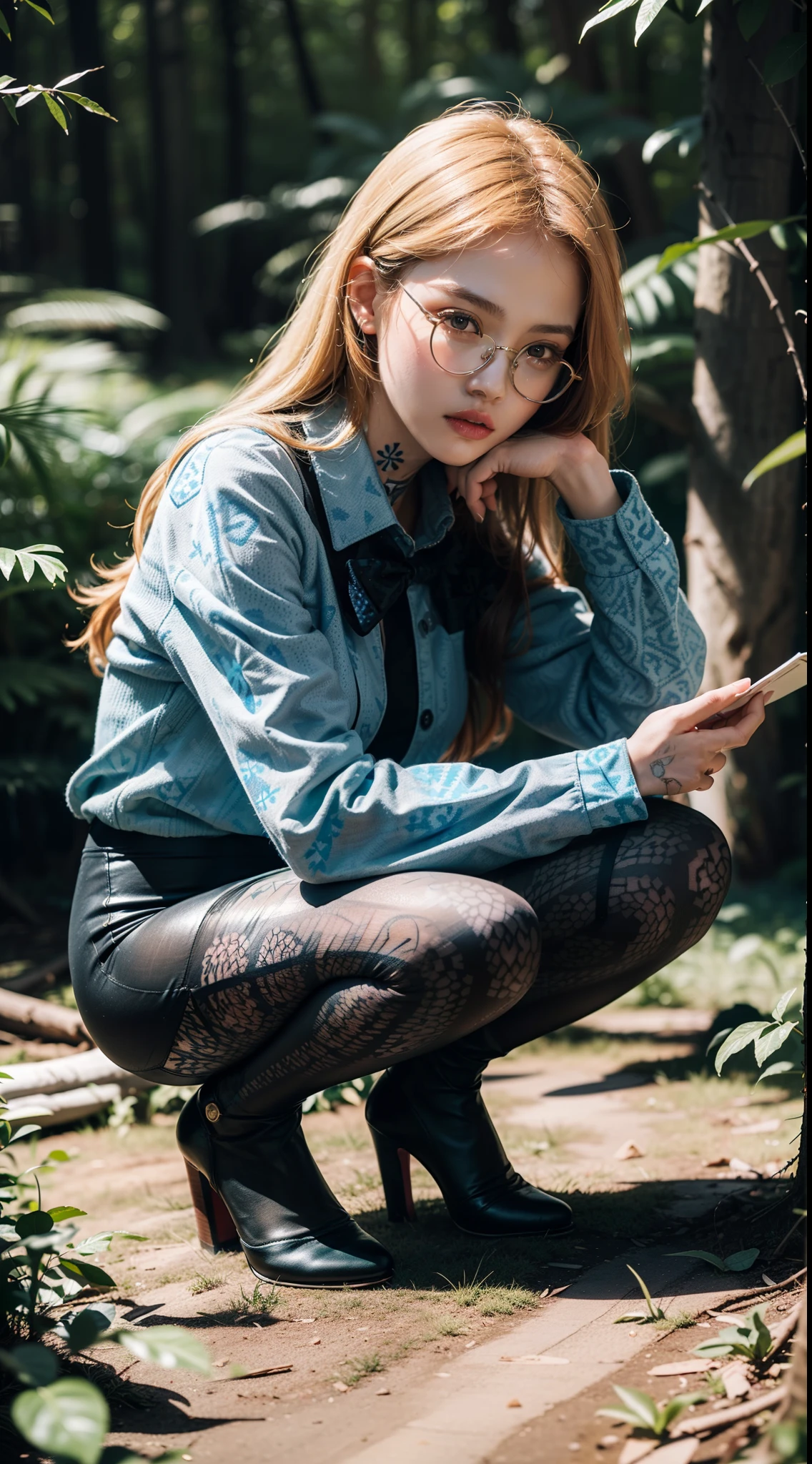 (full body:1.5)，(((1girl)):1.3),(view the viewer:1.4)，((anatomy correct):1.45),((squatting in the forest):1.3),(He wears large glasses and holds a book in his hand:1.15),(shy:1.15)，((prostitute's set):1.2),(((((((Patterned)))))) ,((pantyhose)):1.3),(((tattoo)):1.3),( Uniform high heels leather shoes with bows for female students:1.1)，(Accurate and perfect face:1.3),((red-eyed blonde):1.2)，hyper HD, Ray traching, reflective light， structurally correct, Award-Awarded, high detail, lighten shade contrast, Face lighting ，cinematic lighting, masterpiece, super detailing, high quality, high detail, best quality, 16k，High contrast,