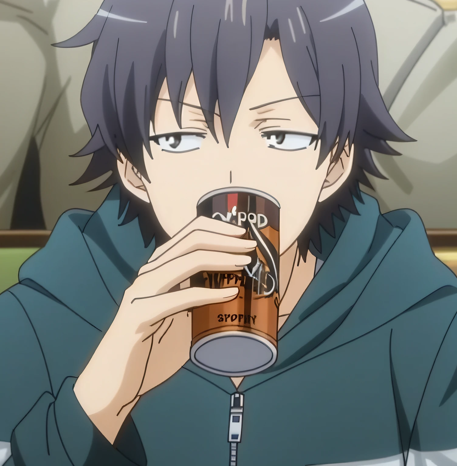 Close-up of a person drinking coffee, anime girls drink Energy drink, inspired by Okumura Togyu, drinking beer, still from tv anime, with index finger, inspirado em Okumura Masanobu, Today's featured anime stills, From cryptid academia, drinking beer, screenshot from a 2012s anime