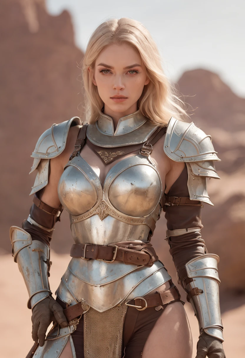 (cuerpo completo), guerrera vikinga, bellisima de ojos verdosos, con sus trenzas rubias largas, su casco de hierro y su correaje y protectores de metal, que dejan entrever un vestido sucio y rasgado con su minifalda sexy, por el fragor de la batalla, Stands in war zone on dynamic walking with frowning, iluminacion de la hora dorada, (intrincados detalles de la maquina).imagen fotorrealista,nitidez maxima, calidad 8k.(obra maestra de calidad superior).