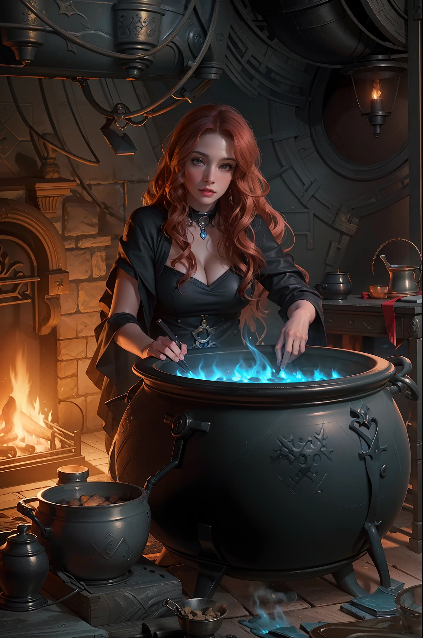 high details, best quality, 16k, RAW, [best detailed], masterpiece, best quality, (extremely detailed), full body (best details, Masterpiece, best quality), , ultra wide shot, photorealistic, fantasy art, RPG art, D&D art, a picture of a woman, witch brweing dark matter over big cauldron in the fire place, middle aged woman  (best details, Masterpiece, best quality), exquisite beautiful woman (best details, Masterpiece, best quality), ultra detailed face (best details, Masterpiece, best quality), evil grin, red hair, long hair, wavy hair, dynamic eye color, pale skin, black dress (best details, Masterpiece, best quality), wearing black boots, large boilng cauldron, black cauldron, blut mists, blue magic coming from cauldron, GlowingRunes_palebluea stove, middles ages house background, dim fire light, High Detail, Ultra High Quality, High Resolution, 16K Resolution, Ultra HD Pictures, 3D rendering Ultra Realistic, Clear Details, Realistic Detail, Ultra High Definition Waiting to start