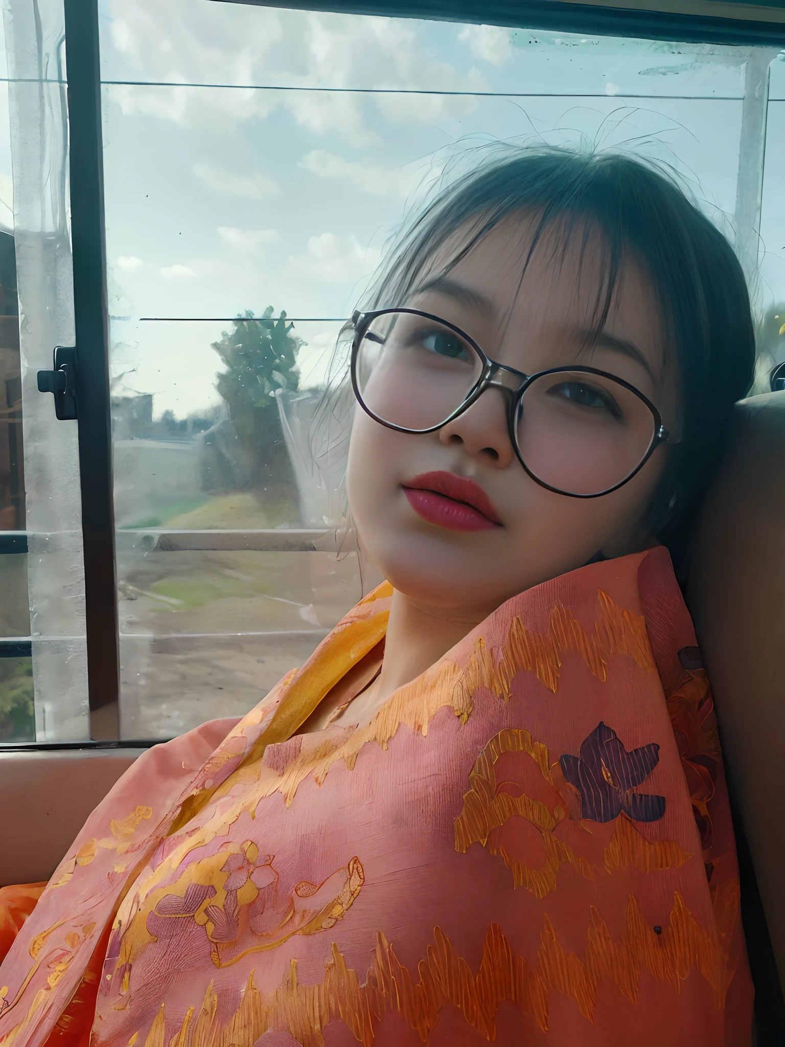 there is a woman wearing glasses sitting on a bus seat, lofi portrait at a window, wearing thin large round glasses, assamese aesthetic, she wears harry potter glasses, with square glasses, girl wearing round glasses, with glasses, wearing small round glasses, with glasses on, sat down in train aile, wearing red tainted glasses, young himalayan woman