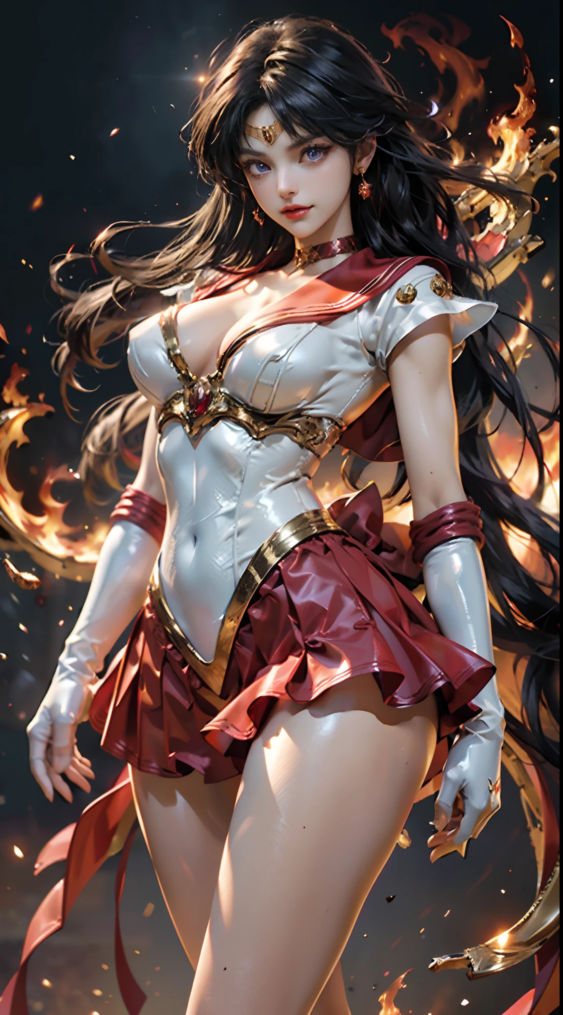 Masterpiece, full: 1.5, stand, 8K, 3D, realistic, ultra micro photo, top quality, super detail CG Unity 8K wallpaper, from below, intricate details, (1 woman), 28 years old, shiny crimson red Sexy pleated mini skirt: 1.4, (sama1, tiara, sailor warrior uniform, white gloves, red sailor collar, red skirt, Sailor Senshi uniform: 1.2, Sailor Mars: 1.2, meishaonv), incredibly long straight purplish-black hair: 1.2, beautiful straight long hair with luster: 1.2, Sailor Senshi uniform with exposure, ((very large purple bow in the center of the chest: 1.4, golden tiara on the forehead: 1.5, , red gloves on the elbows: 1.1, Glossy red enamel long knee high boots with luxurious gold decoration: 1.3, saturated wide crimson red collar, saturated crimson red sailor collar, long white latex gloves with luxurious gold decoration: 1.3, very large red bow behind the waist: 1.1, red choker, cleavage looks sexily boldly large, red star-shaped earrings)), SMMars
Very long hair, parted bangs, ((seductive smile, very pretty face, face details: 1.5, bright purple eyes, beautiful face, beautiful eyes, shiny eyes, thin lips: 1.3, thin and sharp pale eyebrows, long dark eyelashes, double eyelashes)), luxurious golden jewelry, (very thin and fitting high-gloss white holographic leather: 1.3), Bold and sexy thin high leg latex swimsuit, fighting stance, huge white wings, thin and muscular muscular, muscular abs, small face, huge breasts, perfect proportions, thin waist, sexy model pose, visible pores, perfect hands: 1.5, octane rendering, very dramatic image, strong natural light, sunlight, exquisite lighting and shadow, Dynamic Angle, DSLR, Sharp Focus: 1.0, Maximum Clarity and Sharpness, (Fire Divinity,Burning Space Background,Dynamic Flame in Background,Human on Fire:1.2、Fire, Fireball,Fire Sparks,Dynamic Fire,Burning Hair,Dynamic Frame,Mars,Moonlight,Moon, Dynamic background, detailed background),(mecha musume)