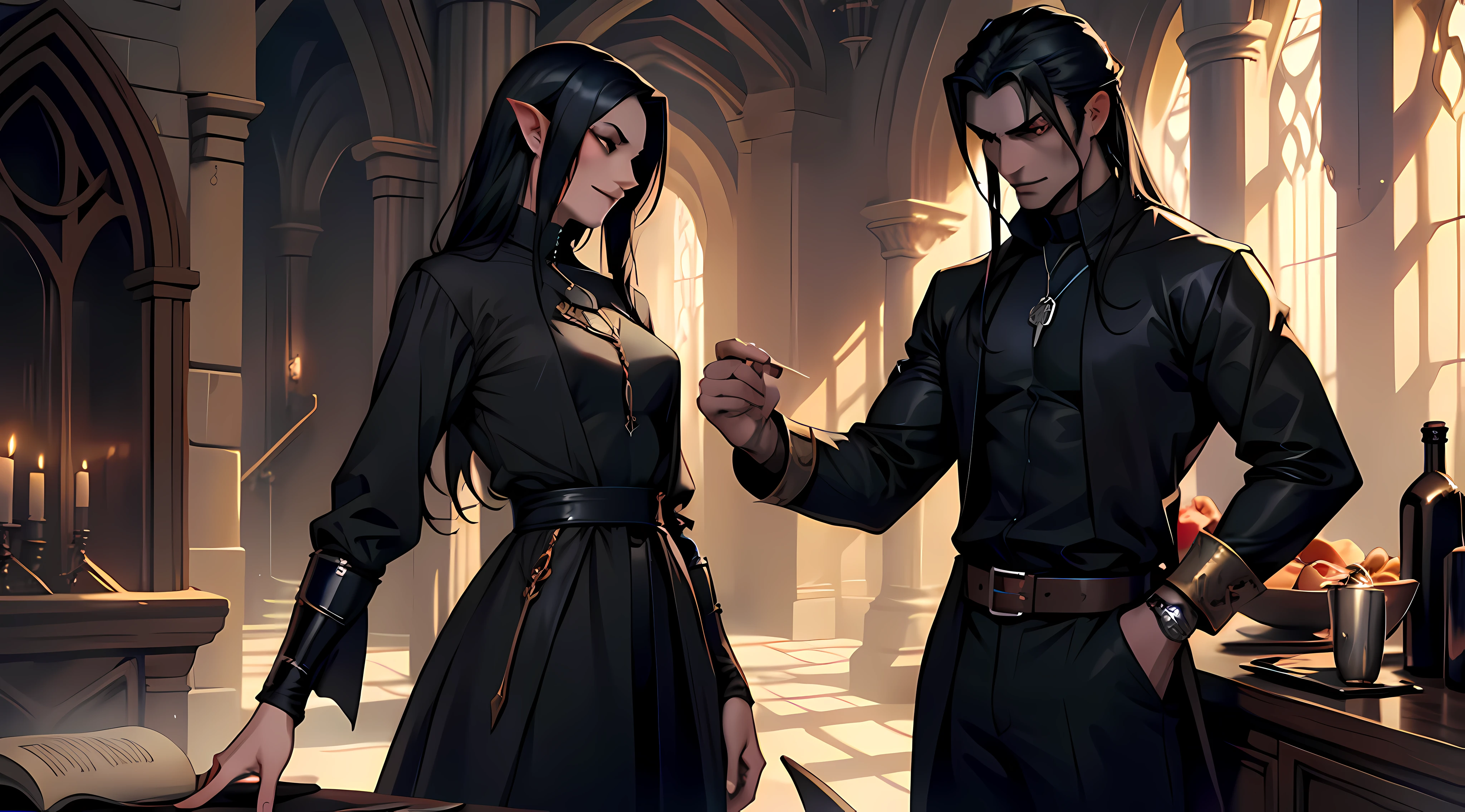 arafed man and 1women in a dark shirt in a room, skinny male fantasy alchemist, androgynous vampire, with his long black hair, with long dark hair, male vampire, handsome male vampire, as a medieval fantasy character
