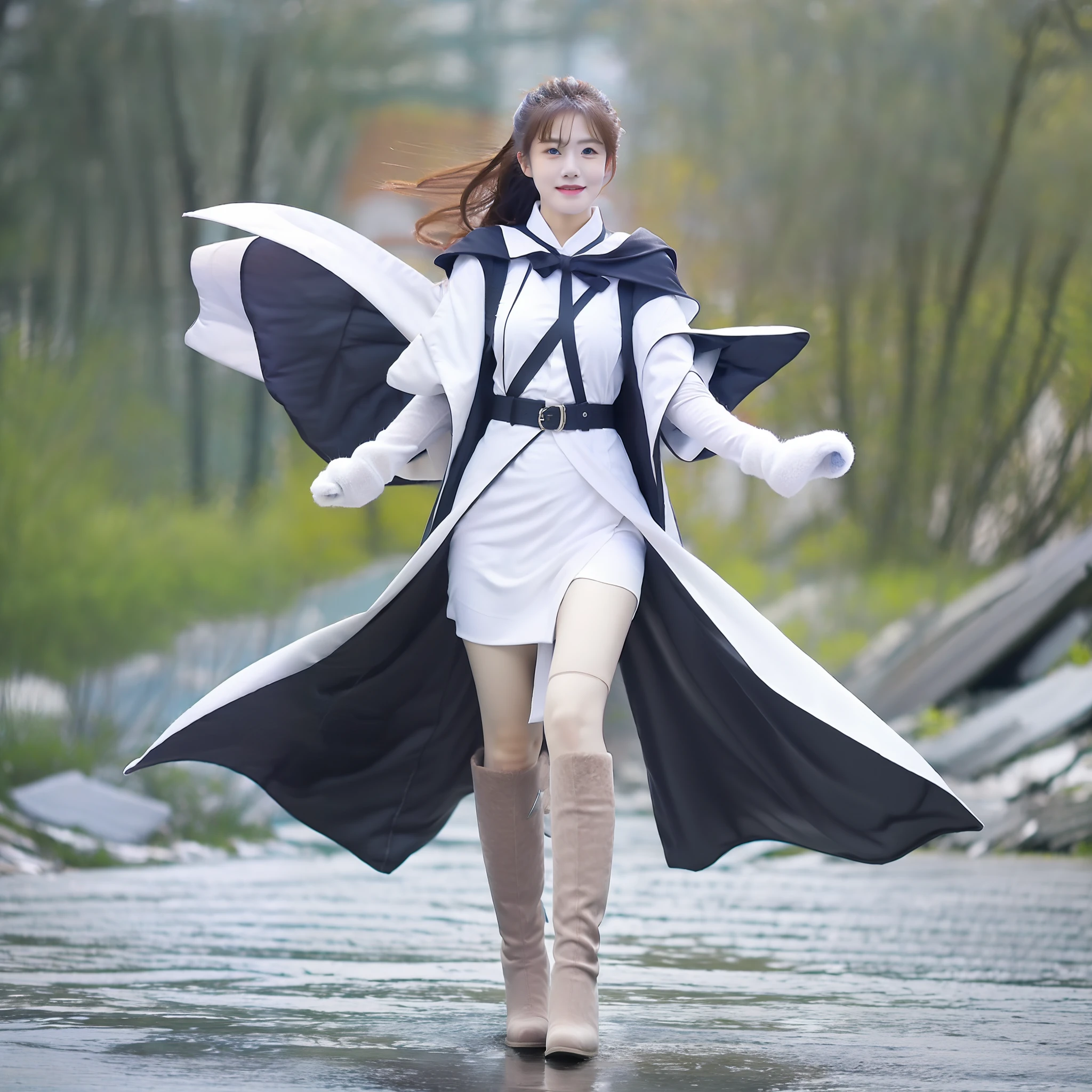 Nature Guardian Typhoon woman wearing typhoon symbol uniform，White cloak, Long white gloves on his hands, Wear white knee-length boots on her feet, Stand in the middle of a typhoon，Release energy to photograph the whole body