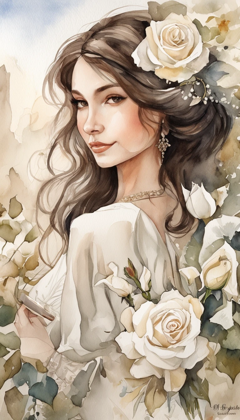 tarot card background, A dark-haired woman holds a bouquet of white roses in her left hand, standing near a cliff, The right hand holds the scepter, There are bags on it, There are white clouds all around, The sun is bright, white backgrounid, There is a white cat at his feet, laurels