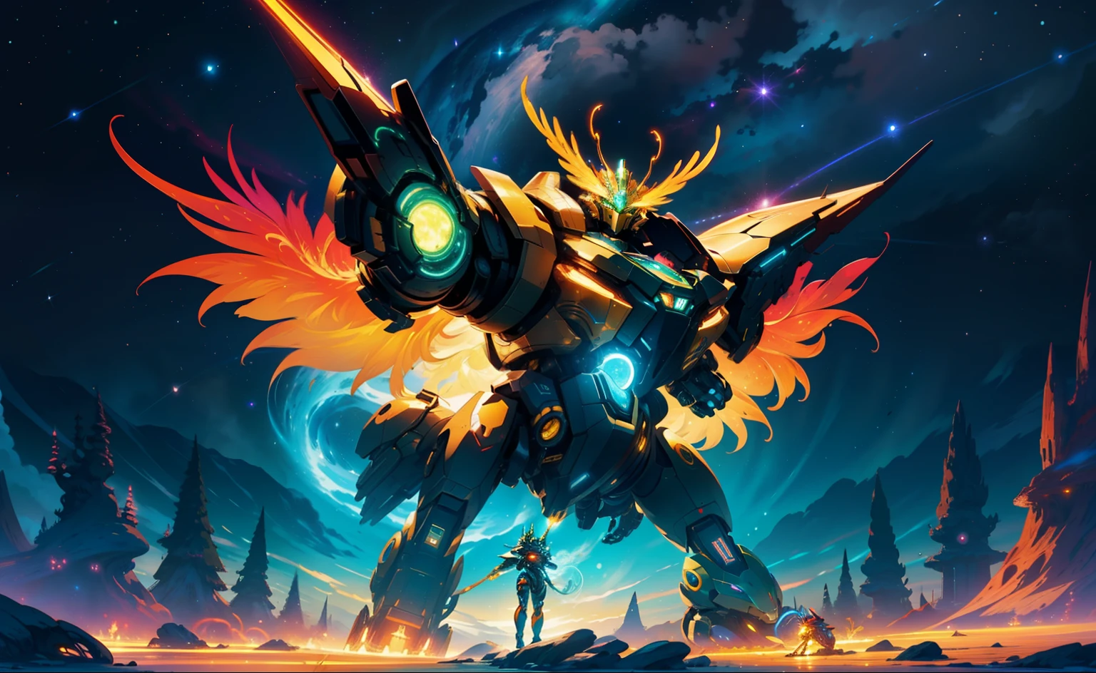 Surround a giant biollante-esque glow and a cute space mascot
Fantasy-style robot with colorful phoenix-shaped metal - giant space robot inspired by Biollante stretches towards the stars, Tendrils twisted、Rotate in all directions, Cosmic petals shining with twinkling light
