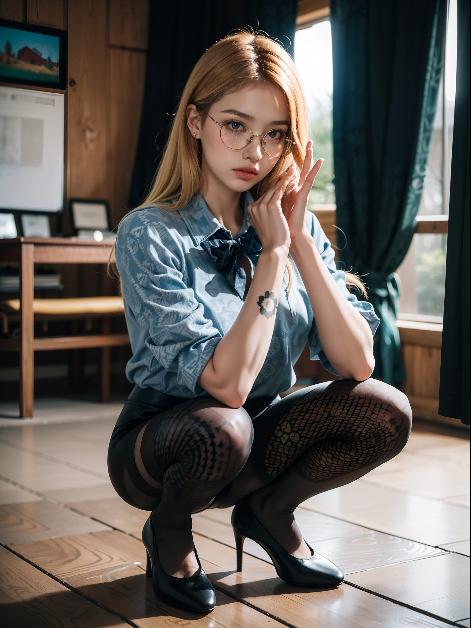 (full body:1.5),(((1girl)):1.3),(view the viewer:1.4),((anatomy correct):1.45),((squatting in the forest):1.3),(He wears large glasses and holds a book in his hand:1.15),(shy:1.15),((prostitute's set):1.2),(((((((Patterned)))))) ,((pantyhose)):1.3),(((tattoo)):1.3),( Uniform high heels leather shoes with bows for female students:1.1),(Accurate and perfect face:1.3),((red-eyed blonde):1.2),hyper HD, Ray traching, reflective light, structurally correct, Award-Awarded, high detail, lighten shade contrast, Face lighting ,cinematic lighting, masterpiece, super detailing, high quality, high detail, best quality, 16k,High contrast,
