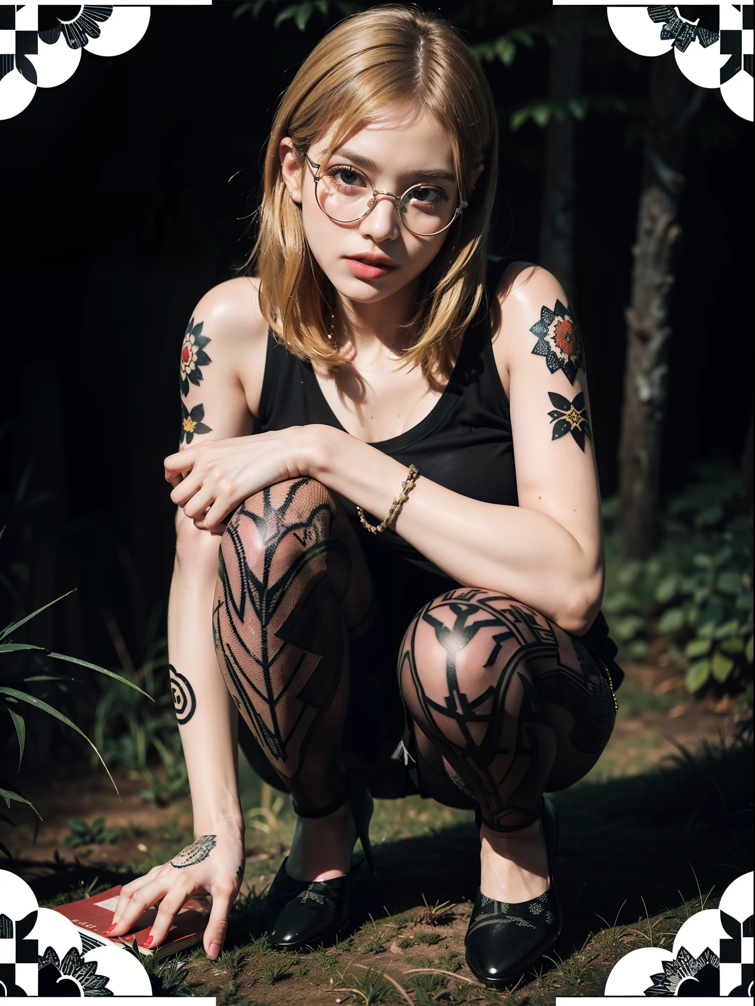 (full body:1.5)，(((1girl)):1.3),(view the viewer:1.4)，((??????? correct):1.45),((squatting in the forest):1.3),(He wears large glasses and holds a book in his hand:1.15),(shy:1.15)，((prostitute's set):1.2),(((((((Patterned)))))) ,((pantyhose)):1.3),(((tattoo)):1.3),( Uniform high heels leather shoes with bows for female students:1.1)，(Accurate and perfect face:1.3),((red-eyed blonde):1.2)，hyper HD, Ray traching, reflective light， structurally correct, Award-Awarded, high detail, lighten shade contrast, Face lighting ，cinematic lighting, masterpiece, super detailing, high quality, high detail, best quality, 16k，High contrast,