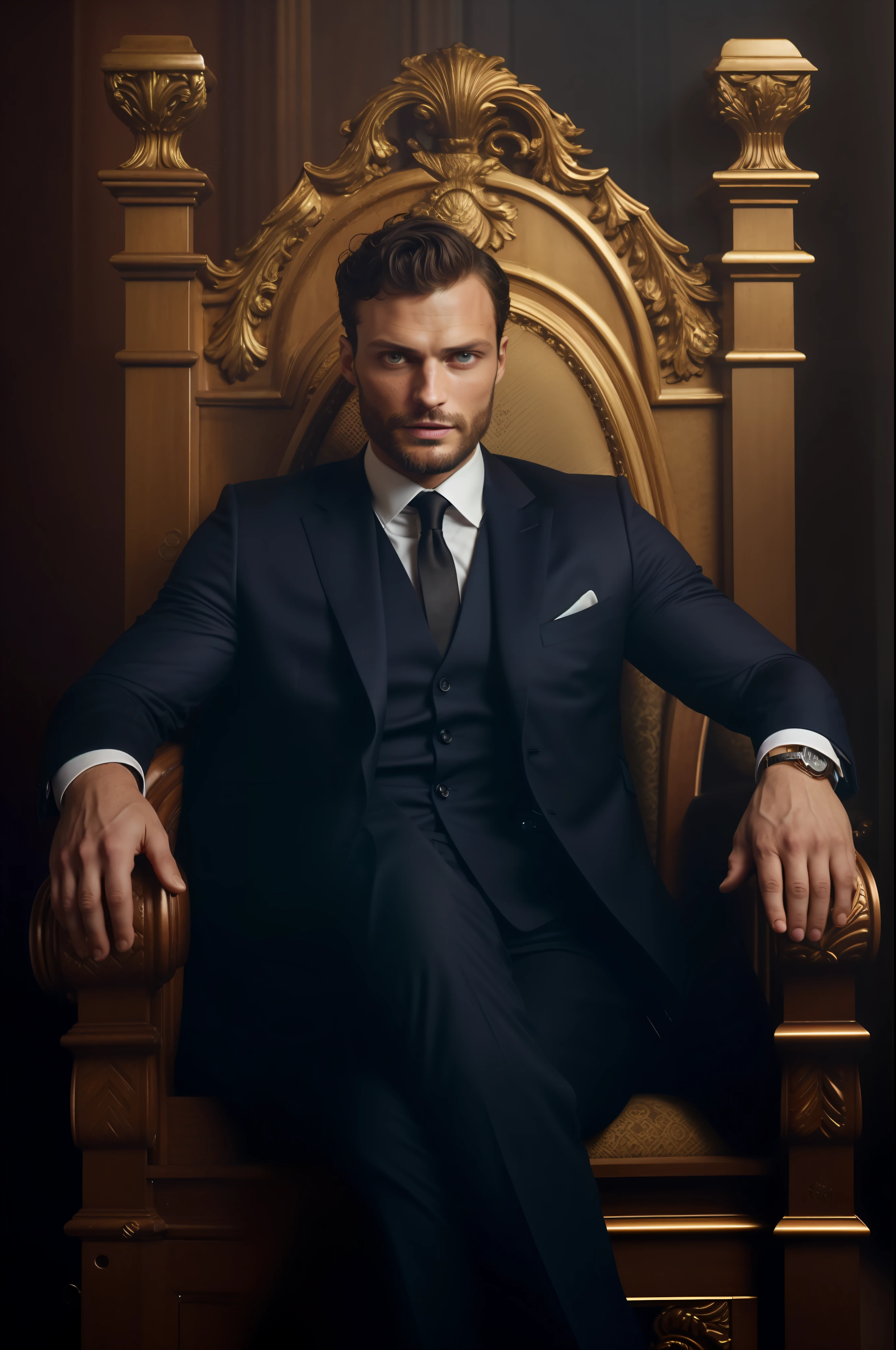 Create a Ceo wearing suit, symmetrical and beautiful eyes, stare fixed in the center of the image, details of the face, Jamie Dornan, very beautiful and attractive, black beard and detached, strong and muscular, dark short hair, tanned skin, 8k resolution, best quality, similar to actor Jamie Dornan, pe, close up.