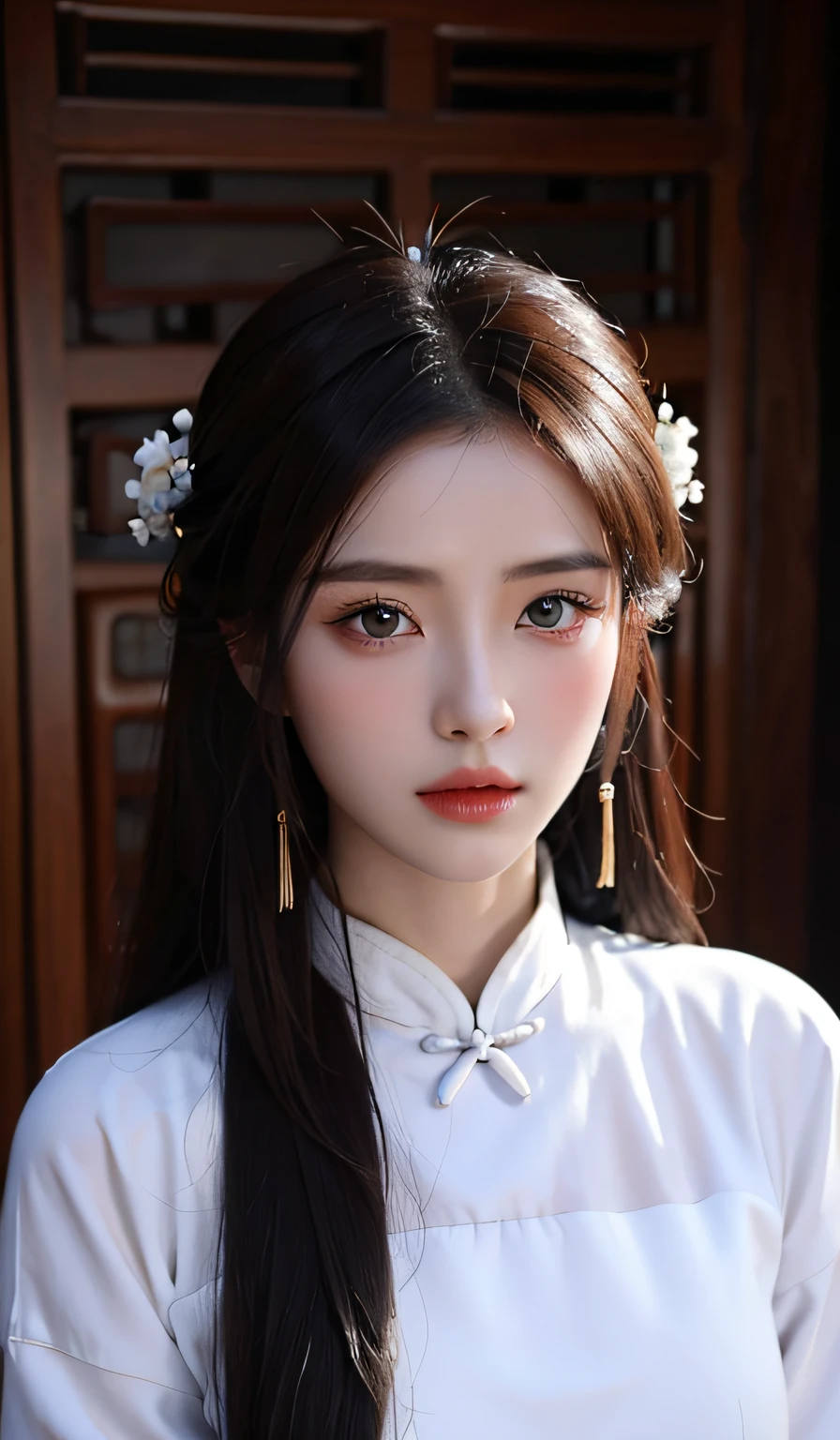 best quality, masterpiece, highres, wuxia 1girl, china dress white, super Beautiful face, super beautiful eye, super beautiful hair