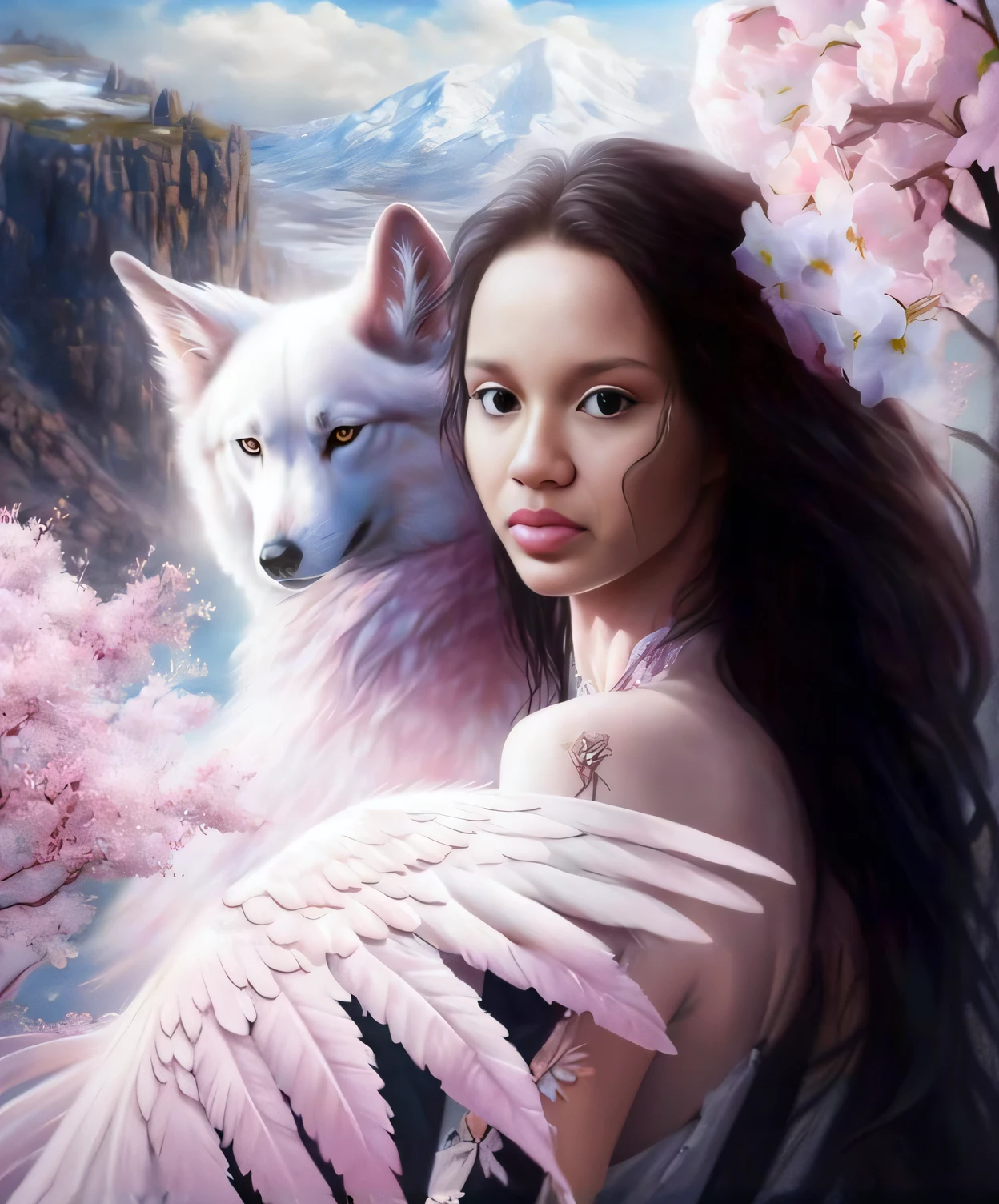 uma mulher com asas e um lobo branco em uma paisagem, Magali Villeneuve», beautiful young wind spirit, bela arte de fantasia, arte de fantasia muito bonita, uma bela mulher kitsune, breathtaking fantasy art, retrato bonito da arte da fantasia, wolfgirl, arte digital fantasia arte, arte de fantasia digital ), inspirado em Magali Villeneuve, pintura de fantasia bonita, Directed by: Nene Thomas
