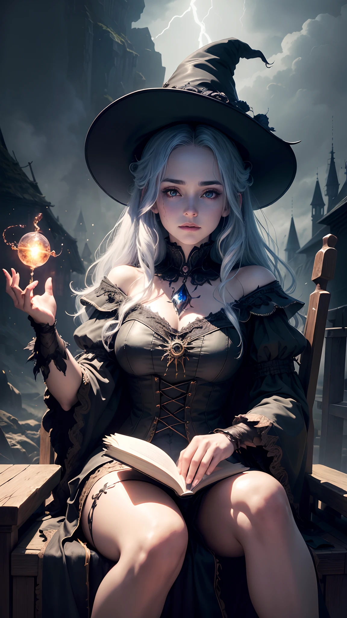 ((Best quality)), ((Masterpiece)), (Detailed), The witch in the witch's hat sits on a chair,Ethereal beauty, (Magical mysterious background, Lightning, Glowing particles, Ethereal mist, Faint darkness), (Fantasy illustration:1.3), captivatinggaze, captivating posture, (Luis Royo:1.2), (Yoshitaka Amano:1.1), Moonlit Night,A crow , pastelcolor, (detailed cloudscape:1.3), (A high resolution:1.2) --auto