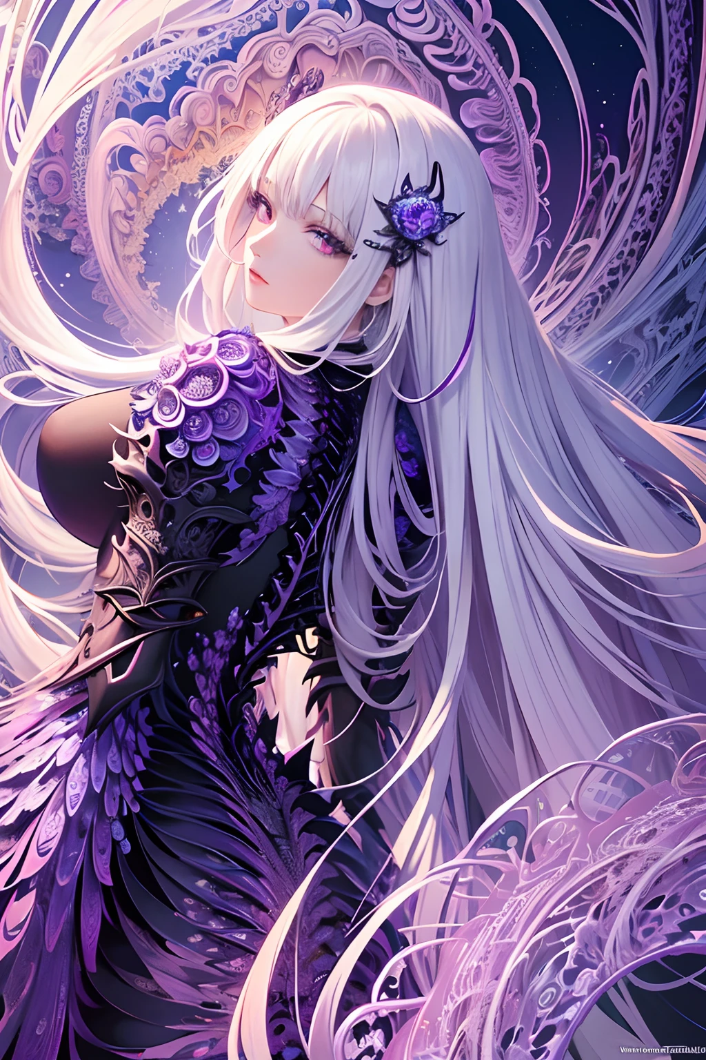 (masterpiece, top quality, best quality, official art, beautiful and aesthetic:1.2), (1girl), extreme detailed,(fractal art:1.3),colorful,highest detailed, Mature woman with, purple glowing eyes, dead inside, dull eyes, majestic, with serious face, white long detailed hair