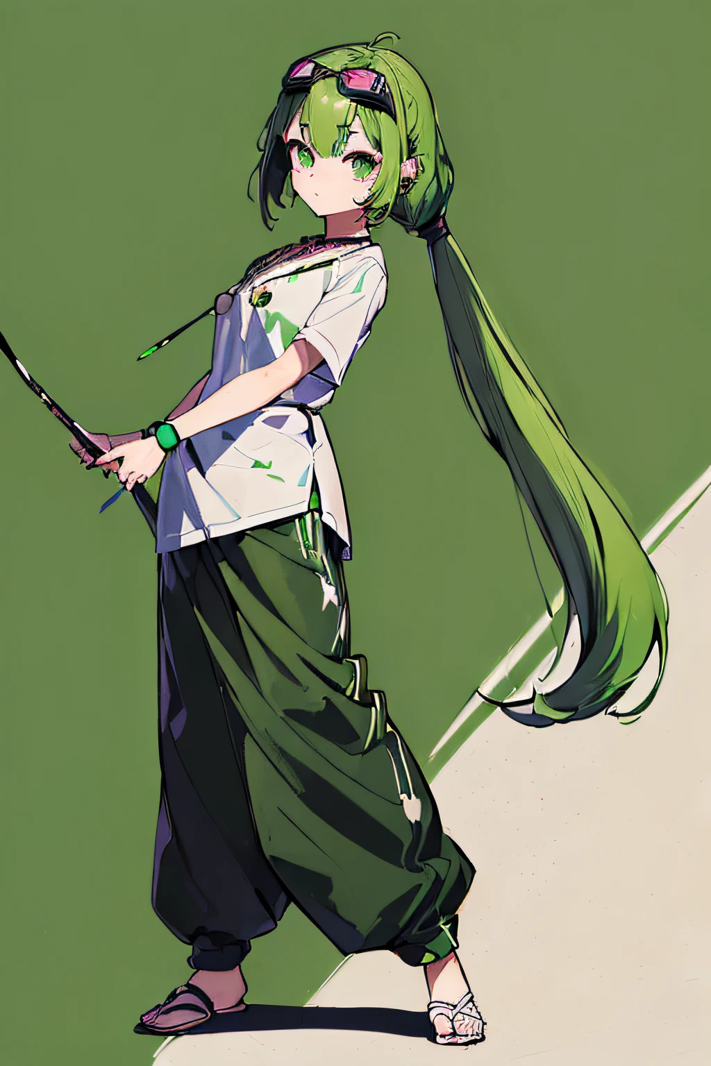 ((1 girl)), (((Anime style、Anime colors、Simple or color scheme))) , ((((Emphasis on image quality、top-quality、in 8K、masterpiece、超A high resolution)))), (((Natural posture, Full body, Standing, Natural posture, upright posture))), (crisp lines、Crisp Contours、Clean lines、Pitch black background), ((Anime, big eye, Deformation, Cute, Anime Character, It features a simple, Eye Highlight, Simple little nose, Less hair highlights, smooth lines)), ((((green colored hair、poneyTail,Please wear black work clothes、Doodle Artist、Paint on clothes、Dobodobo Pants,a necklace、Put goggles over your head、Paint on the face))))