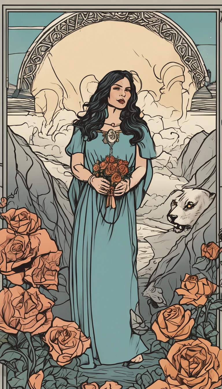 tarot card background,A dark-haired woman holds a bouquet of white roses in her left hand,standing near a cliff,The right hand holds the scepter,There are bags on it,There are white clouds all around,The sun is bright,blue backdrop,There is a white cat at his feet