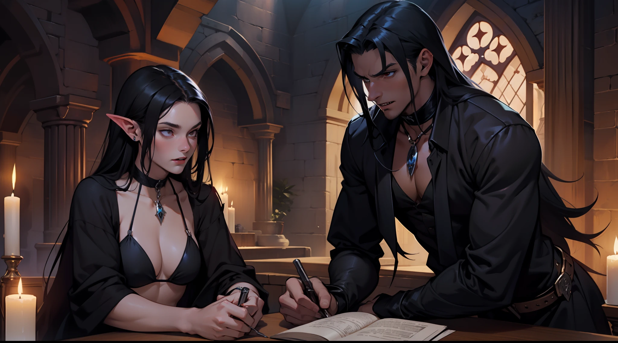 arafed man and (1women in bikini) in a dark shirt in a room, skinny male fantasy alchemist, androgynous vampire, with his long black hair, with long dark hair, male vampire, handsome male vampire, as a medieval fantasy character