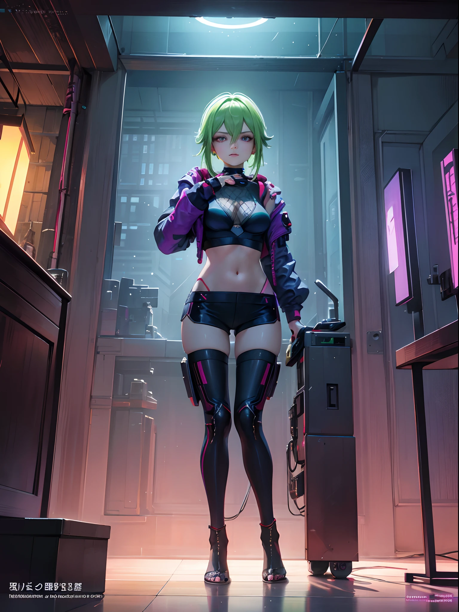 best picture quality, masterpiece, ultra-high resolution, (fidelity:1.4), Photograph, Skin, ((Cyberpunk characters)), Cyber Series, future, ((ultra realistic, awarded photograph)),(hyper-detail),(intricate detailed),(8k high resolution CGI artwork),A woman in,The cyberpunk living room of the future/bedroom/kitchen/balcony,Cyberpunk Urban Landscape Details。Style of the future,Available in many colors and LED lights.....。The cityscape should be very detailed.....,deep depth of field。Create depth with atmospheric light,Wide-angle lens showing room and window。Use atmospheric and volumetric lighting to enhance cityscape details.....。The room should be illuminated with neon lights of the city scenery....., Textured pastel backgrounds, colourful, vibrant