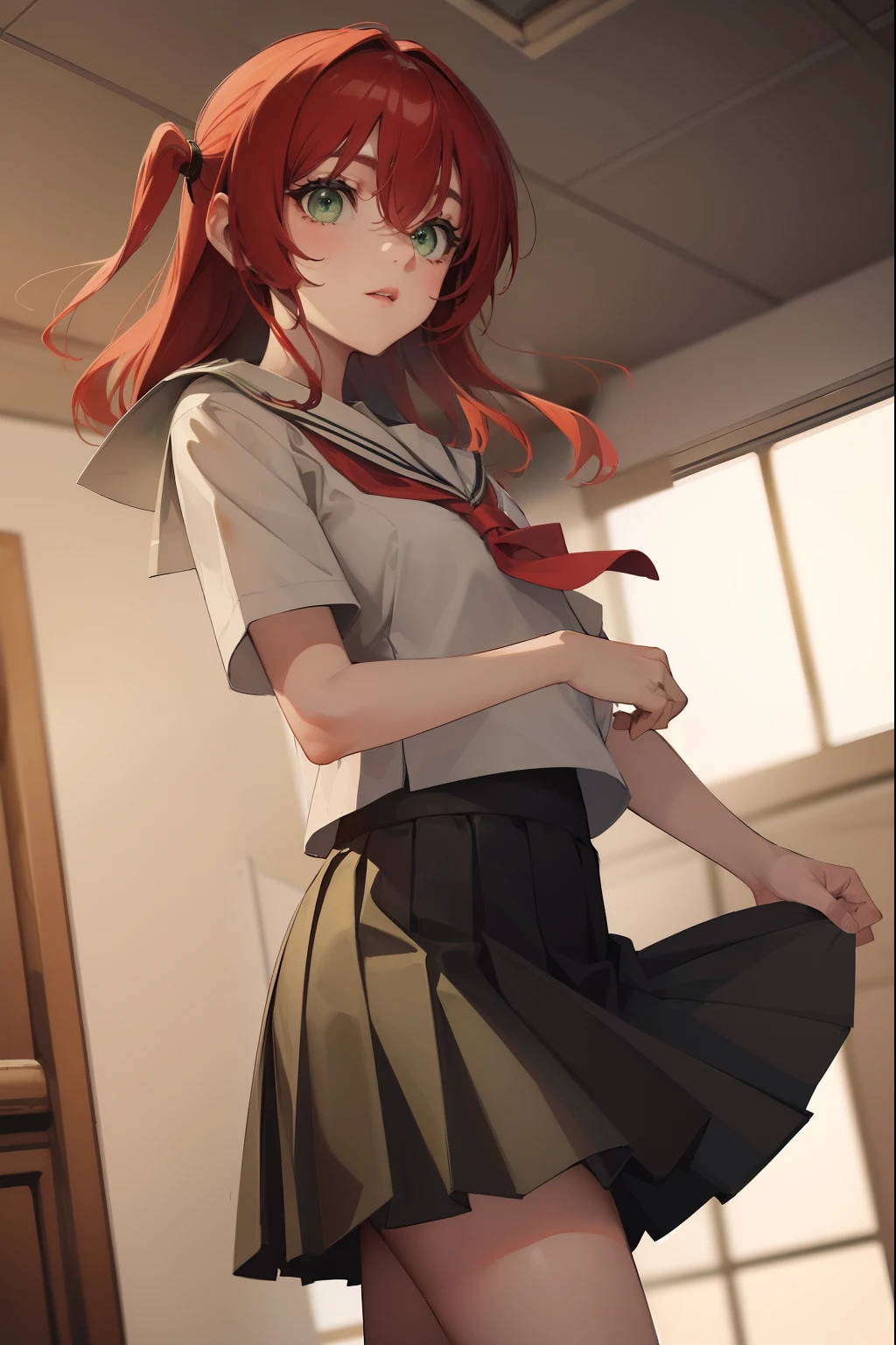kitaikuyo, ikuyo kita, (green eyes:1.5), hair between eyes, long hair, one side up, red hair,
BREAK black footwear, black skirt, grey sailor collar, pleated skirt, sailor collar, school uniform, shoes, short sleeves, shuka high school uniform, skirt,,
BREAK looking at viewer,
BREAK indoors, classroom,
BREAK (masterpiece:1.2), best quality, high resolution, unity 8k wallpaper, (illustration:0.8), (beautiful detailed eyes:1.6), extremely detailed face, perfect lighting, extremely detailed CG, (perfect hands, perfect anatomy),