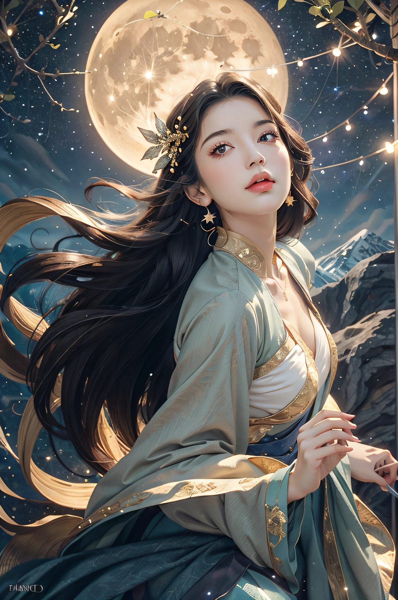 BREAK, (1girl:1.3), solo, looking at viewer, (young cute beautiful 18-year-old girl:1.4), 3d face, (hand of Guido Daniele:1.4), beautiful girl, Beautiful face, pretty, girlface, kpop idol, supermodel, stunning innocent symmetry face, perfect body, medium breast, slim waist, slim legs, (high detailed skin:1.5), glowing eyes, goddess, natural skin texture, shiny skin, White skin, Beautiful detailed face, detailed face, real skin texture, cute delicate face, finely detailed face, golden ratio, golden ratio face, expressive eyes, perfect face, perfect skin, flawless face, clear face, shiny hair, pale skin, Proper body proportion, perfect anatomy, realistic skin texture, luscious lips, glossy lips, natural makeup, beautiful bright pupils, slender figure, intricate eyes, detailed pupils, detailed face and eyes, longeyelashes, blush, good hand, perfect hands, pretty face, beautiful female bodies, finely detailed skin, oily shiny skin, clean facial features, an extremely delicate and beautiful, cute & girly, beautiful detailed eyes, stars in the eyes, detailed simmetric eyes, perfect smooth skin texture, BREAK, (((((brilliant colors, (joshua middleton comic cover art, theater dance scene, hypermaximalist, ink painting, instagram contest winner, model pose, fashion color scheme, trending on cgsociety, playful illustrations, imaginative overlays, artistic fusion, fantastical scenes, evocative narratives, striking visuals:1.3), (Glowing ambiance, enchanting radiance, luminous lighting, ethereal atmosphere, mesmerizing glow, evocative hues, captivating coloration, dramatic lighting, enchanting aura:1.2), (moon, palace, Hibiscus, nymphaea, plum blossoms, a girl in hanfu, melanchonic soft light, photorealistic faces, moody lighting:1.4), (night, Night time, moon light, Golden Hour, sky, landscape, stars, starry, galaxy sky, milky way, night sky full of stars:1.2), (dancing, mountain, river, old tree, Ribbon, Elegant, She soared through the air in her flowing dress and flutter