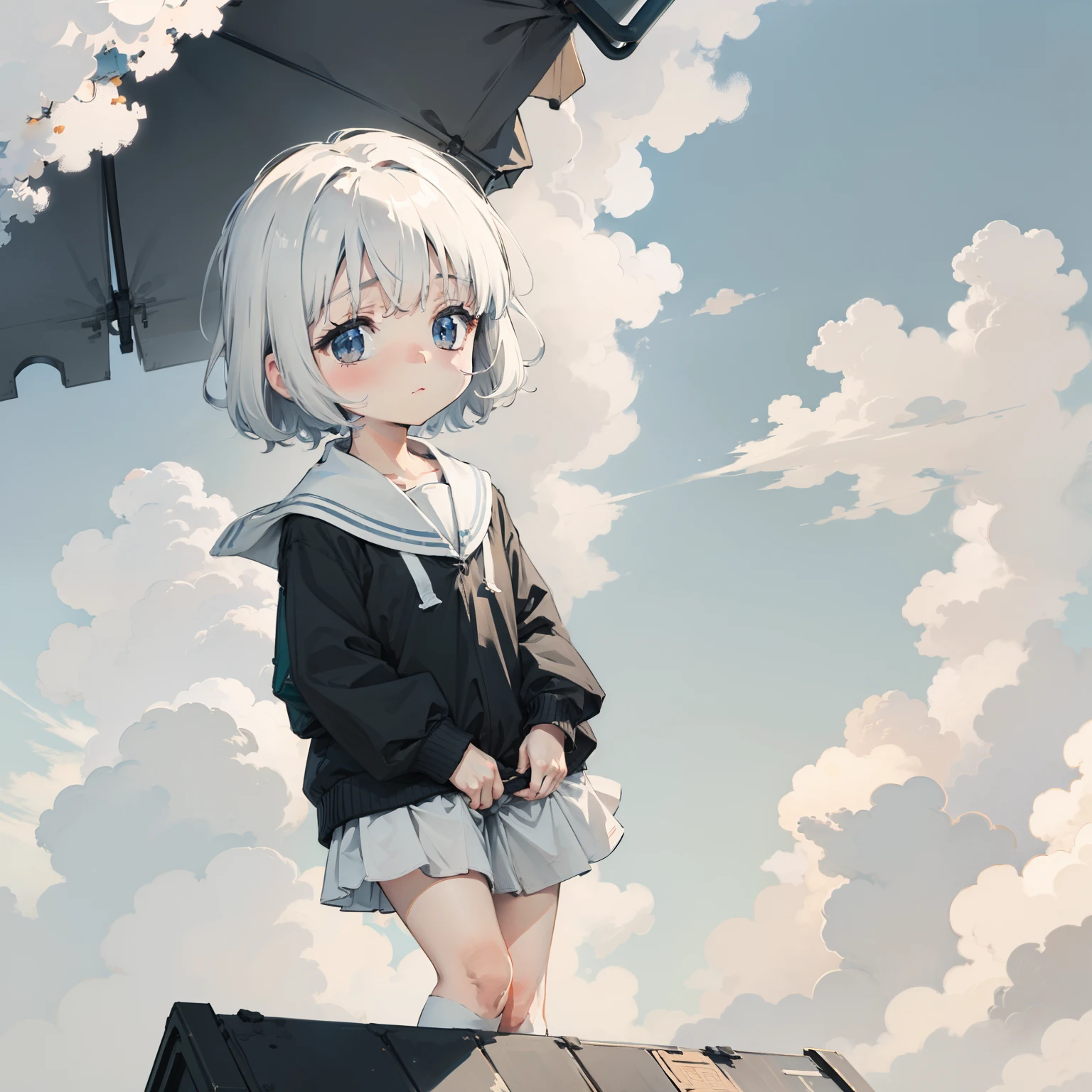 Above the white clouds,White clouds,The city of clouds, 1girll, Loli,, Solo, (with short white hair:1.2),