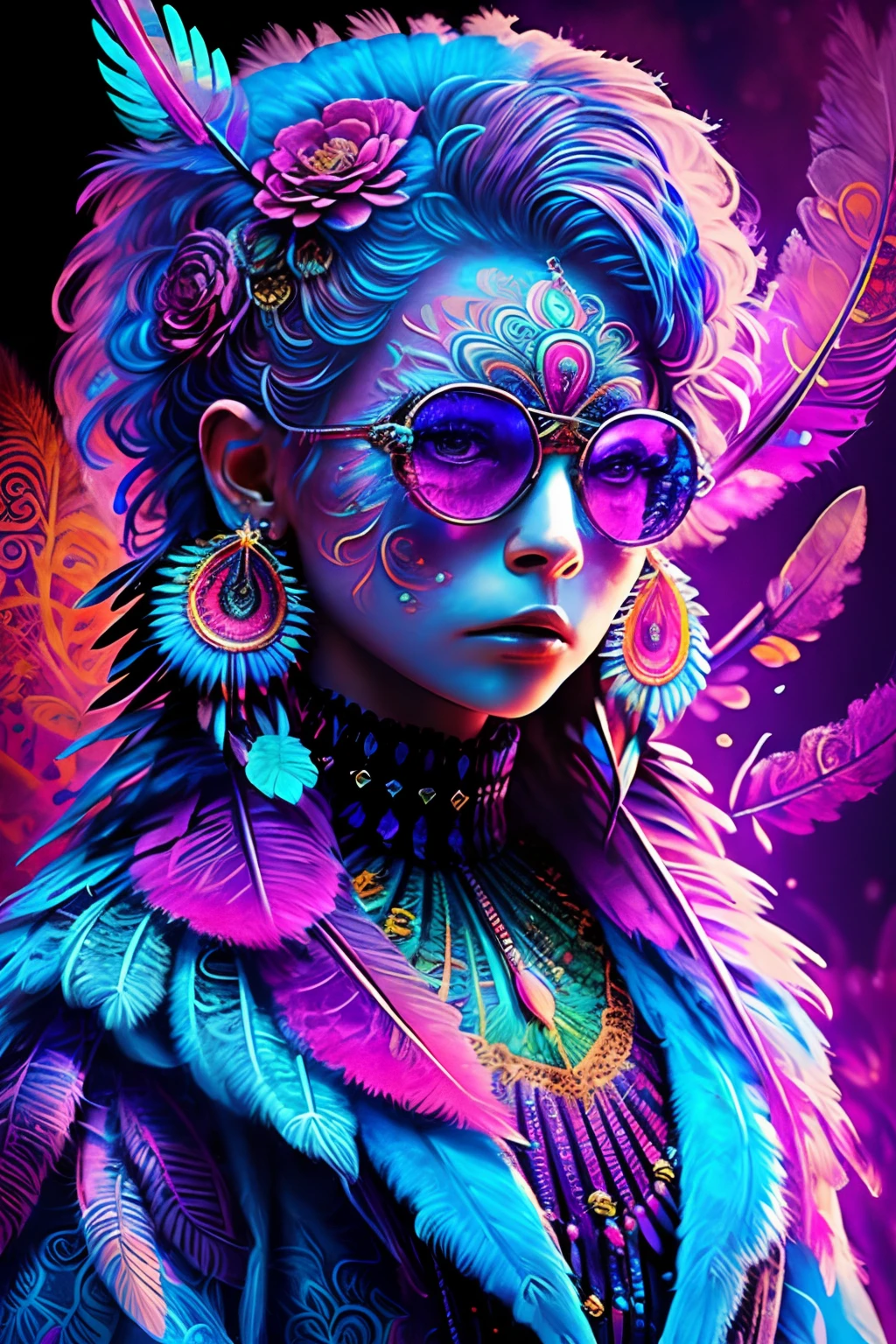 rifstyle2 (masterpiece, top quality, best quality, official art, beautiful and aesthetic:1.2), (1girl:1.3), extremely detailed,(fractal art:1.1),(colorful:1.1)(flowers:1.3),highest detailed,(zentangle:1.2), (dynamic pose), (abstract background:1.3), (shiny skin), (many colors:1.4), ,(earrings), (feathers:1.5),