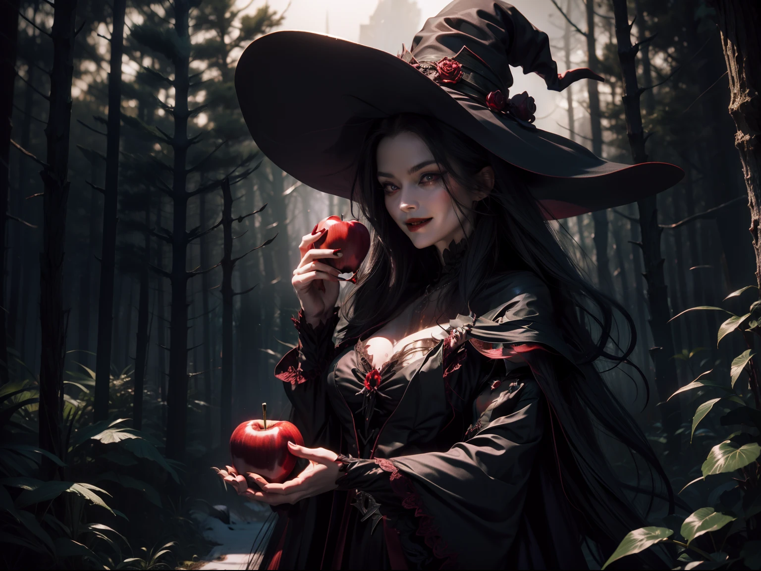 A witch is smiling ominously with a poisoned apple on the edge of the forest