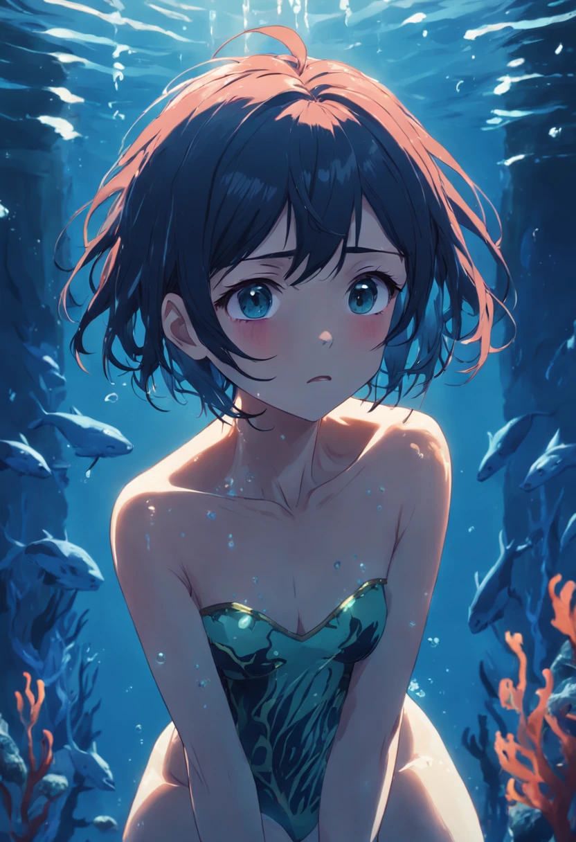Short hair girl picture underwater,full bodyesbian,The expression of crying