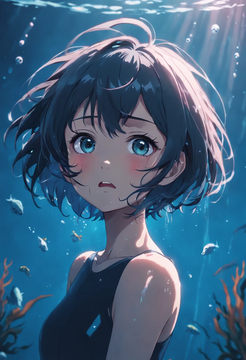 Short hair girl picture underwater,full bodyesbian,The expression of crying