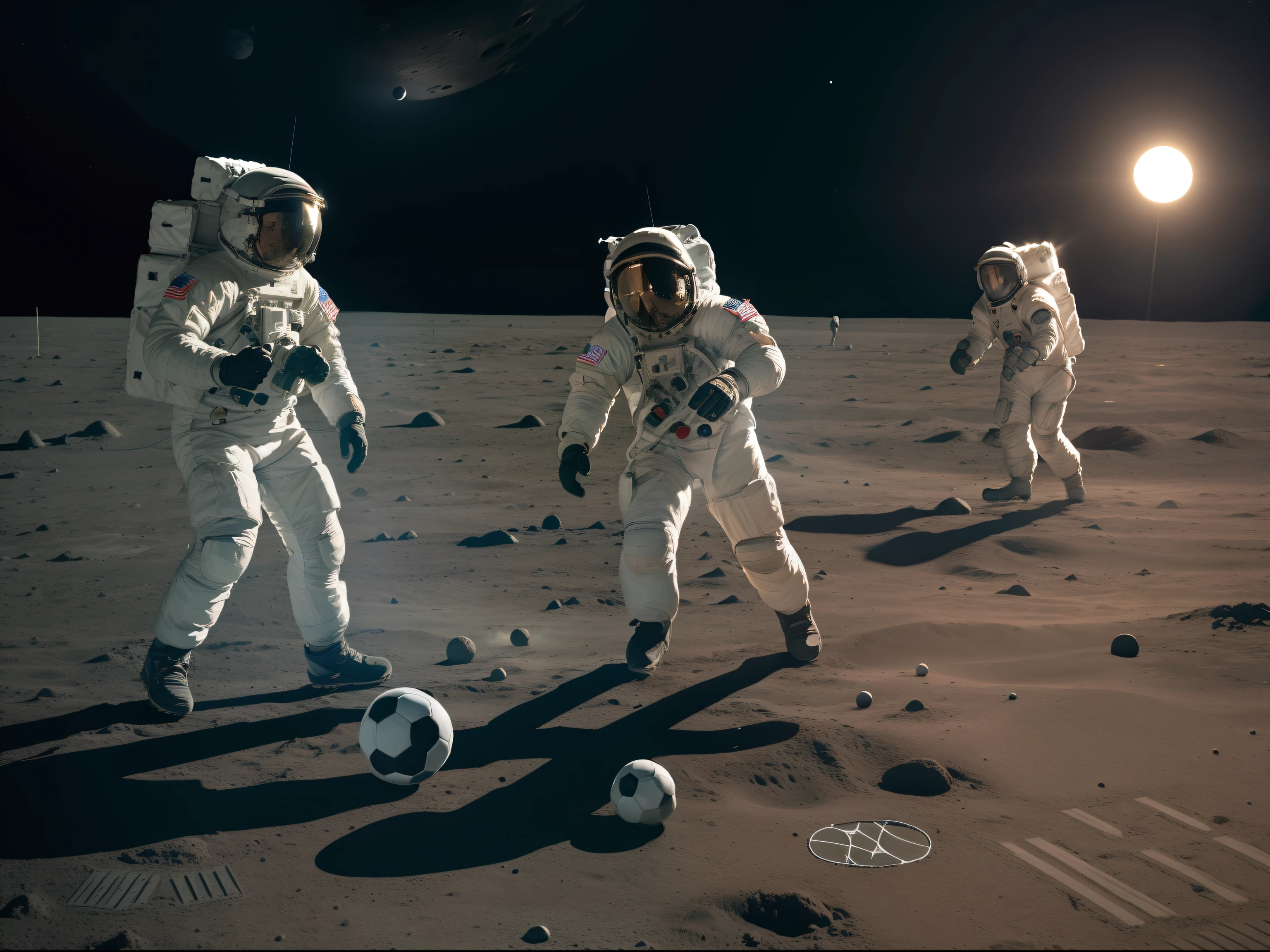 A group of astronauts playing a game of soccer on the surface of the moon, using moon rocks as the soccer ball and wearing space helmets with painted-on smiles