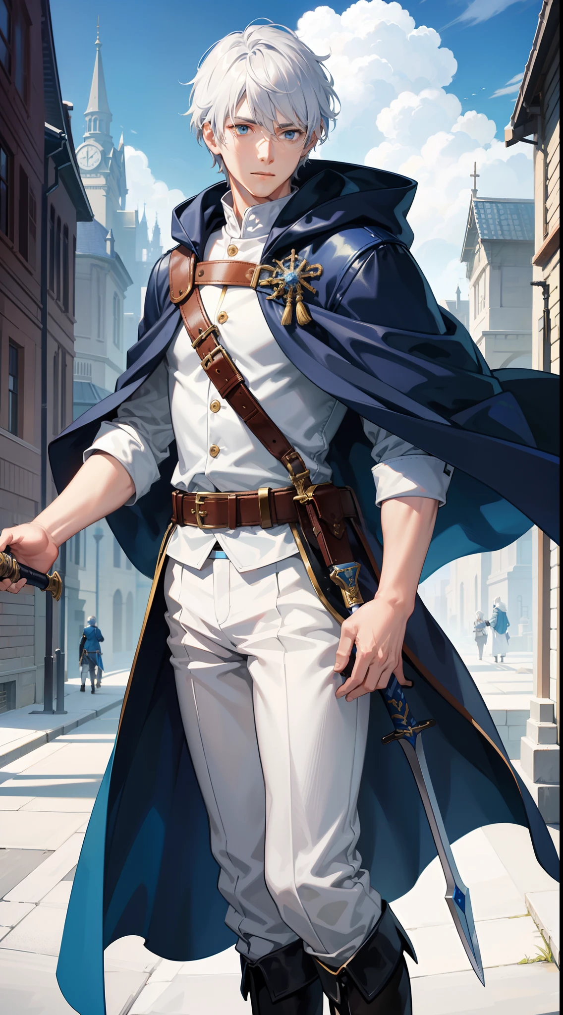 Grown-up guy, short white hair, eyes with blue color, Blue leather cloak, belts, circuits, breeches, two swords, Masterpiece, hiquality