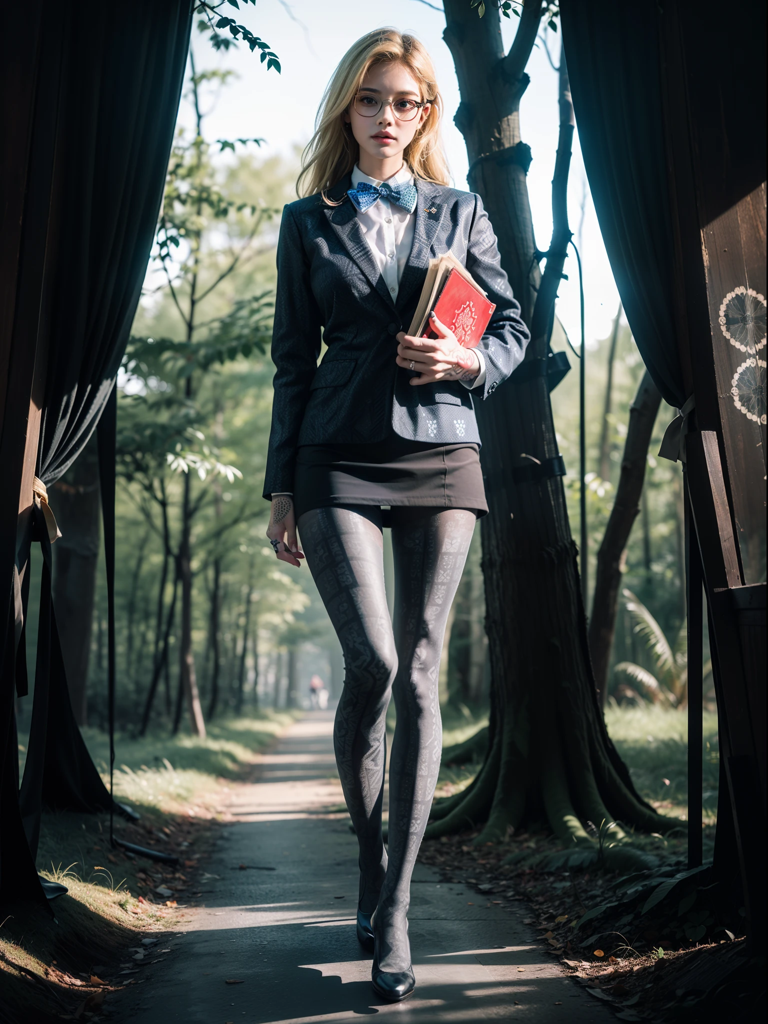 (full body:1.5),(((1girl)):1.3),(view the viewer:1.4),((anatomy correct):1.45),(( in the forest):1.3),(He wears large glasses and holds a book in his hand:1.15),(shy:1.15),((prostitute's set):1.2),(((((((Patterned)))))) ,((pantyhose)):1.3),(((tattoo)):1.3),( Uniform high heels leather shoes with bows for female students:1.1),(Accurate and perfect face:1.3),((red-eyed blonde):1.2),hyper HD, Ray traching, reflective light, structurally correct, Award-Awarded, high detail, lighten shade contrast, Face lighting ,cinematic lighting, masterpiece, super detailing, high quality, high detail, best quality, 16k,High contrast,