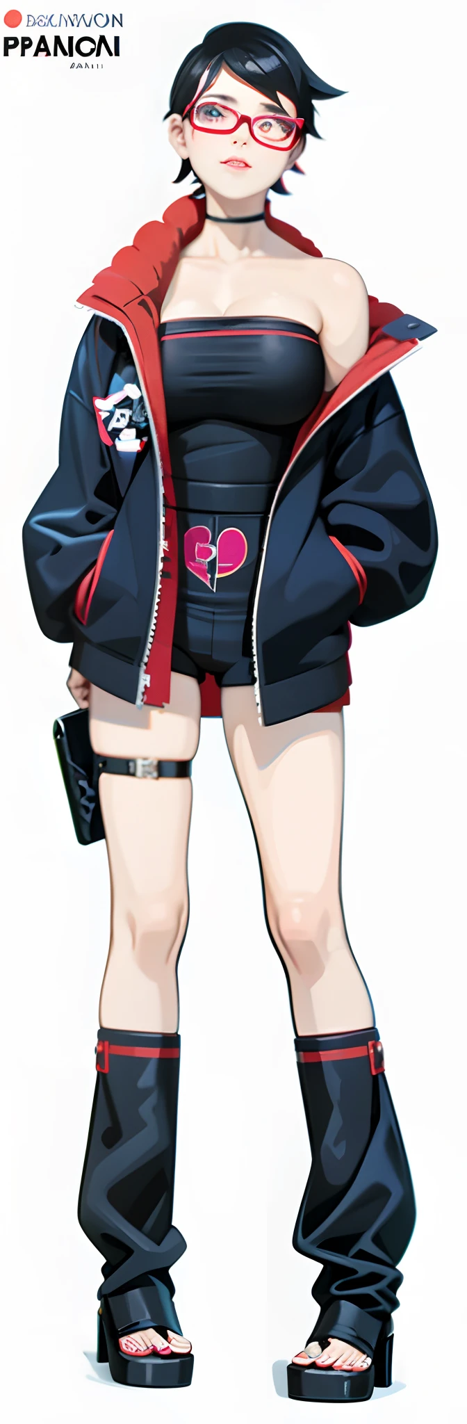 woman bespectacled short hair black, in black and red jacket, junko enoshima from danganronpa, full body illustration, anya from spy x family, junko enoshima, akane owari danganronpa, full body, realistic, ultra detils, 70mm
