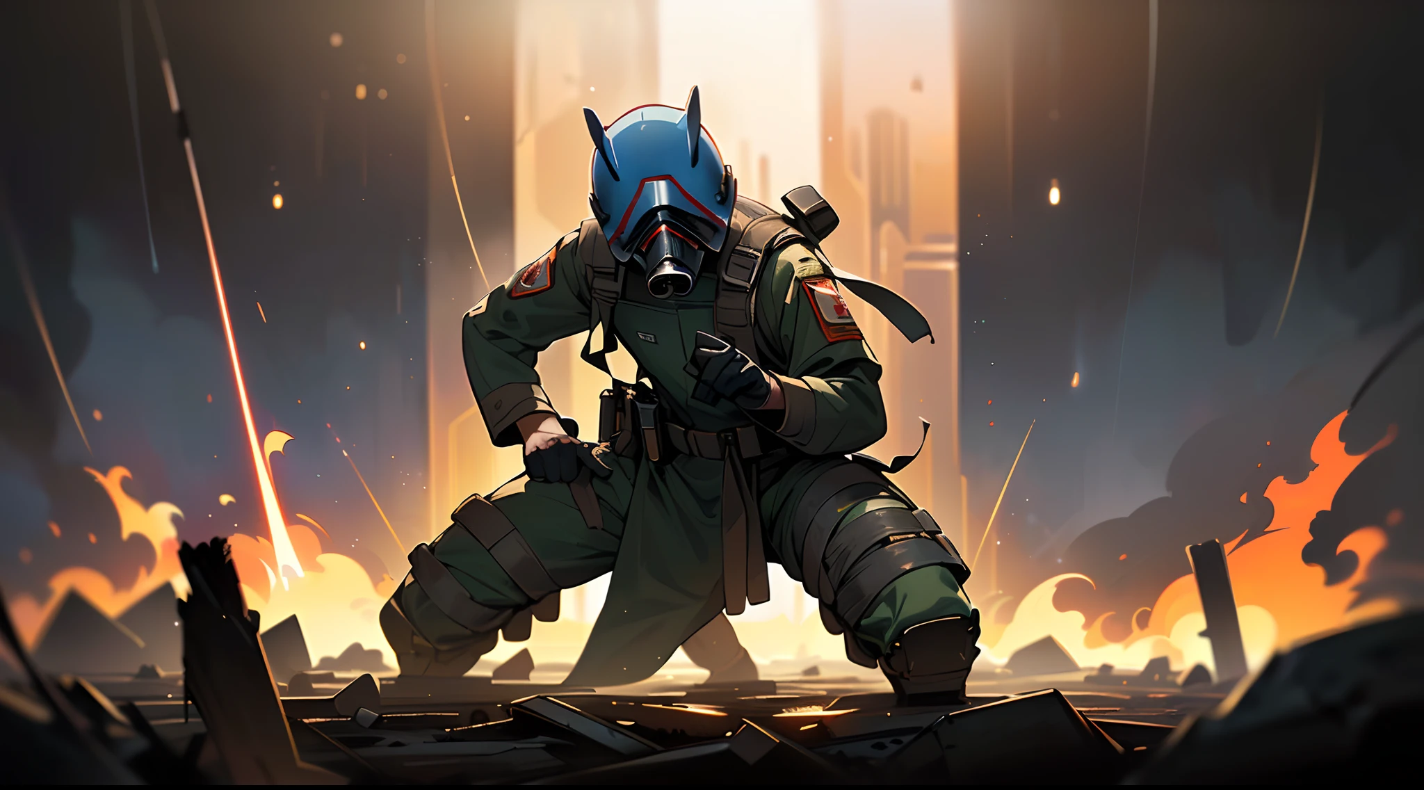 world war 3 close quarter combat, soldier wearing gas mask, smokey background, backlight, waricsons, waring pose, belts + scarred, damaged, stare into space, star wars, sad, regret, painful, vivid, volumetric lighting, anime digital, high detail, in the style of James jean, timing